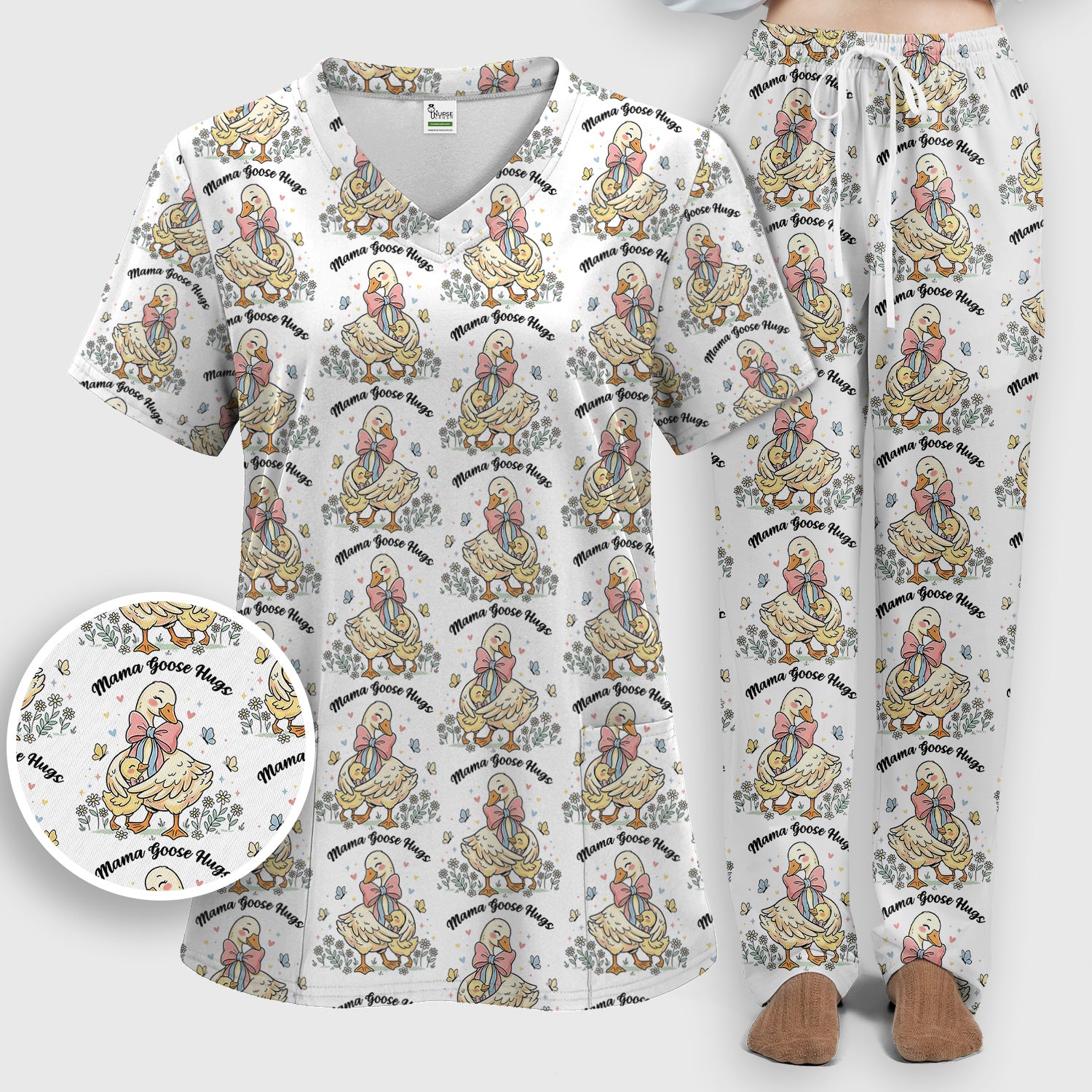 Cute Mama Goose Hug Pattern Scrub Set, Scrub Pants and V Neck Top