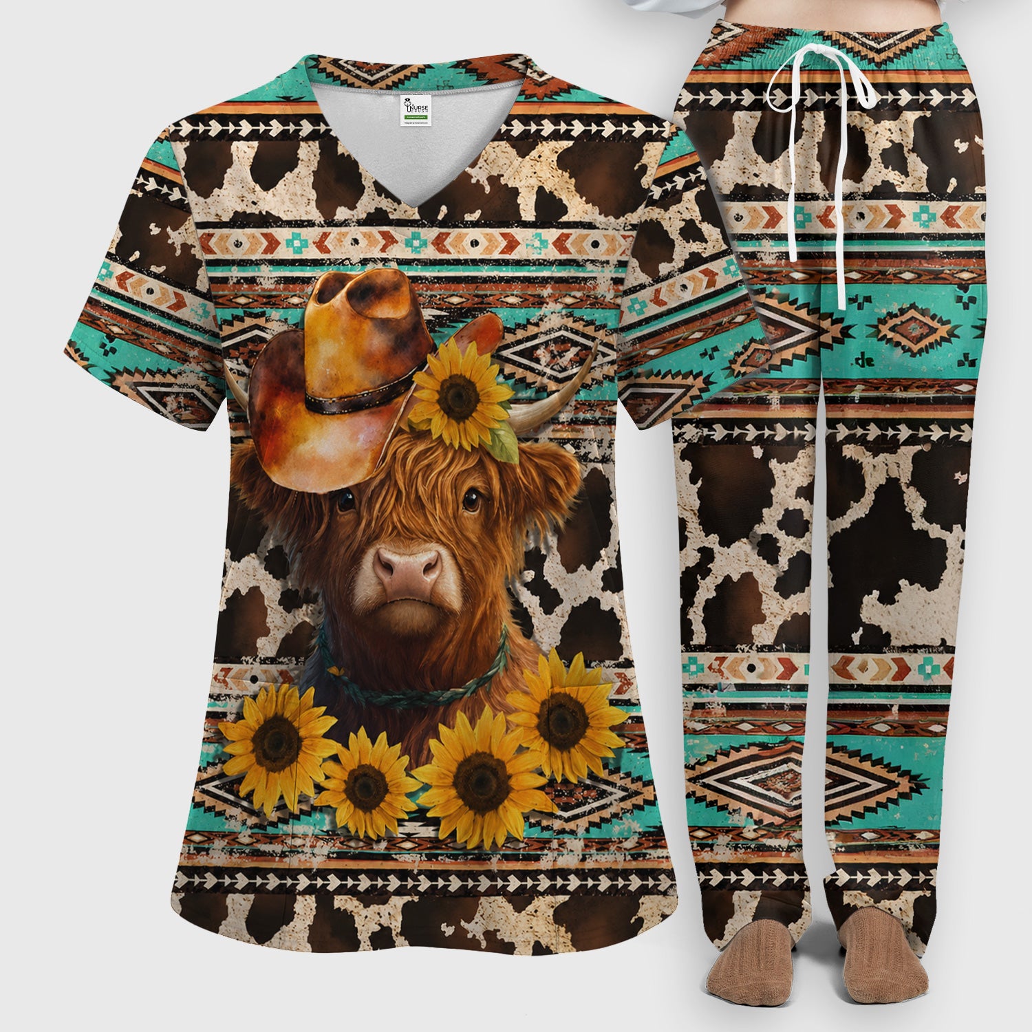 Western Highland Cow Sunflowers Print Scrub Set, Scrub Pants and V Neck Top