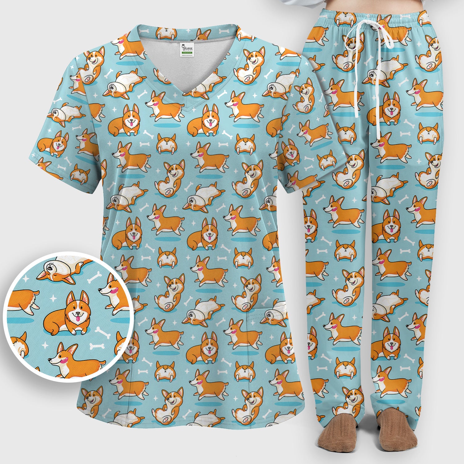 Corgi Dog Playing Rolling Bone Pattern Scrub Set, Scrub Pants and V Neck Top