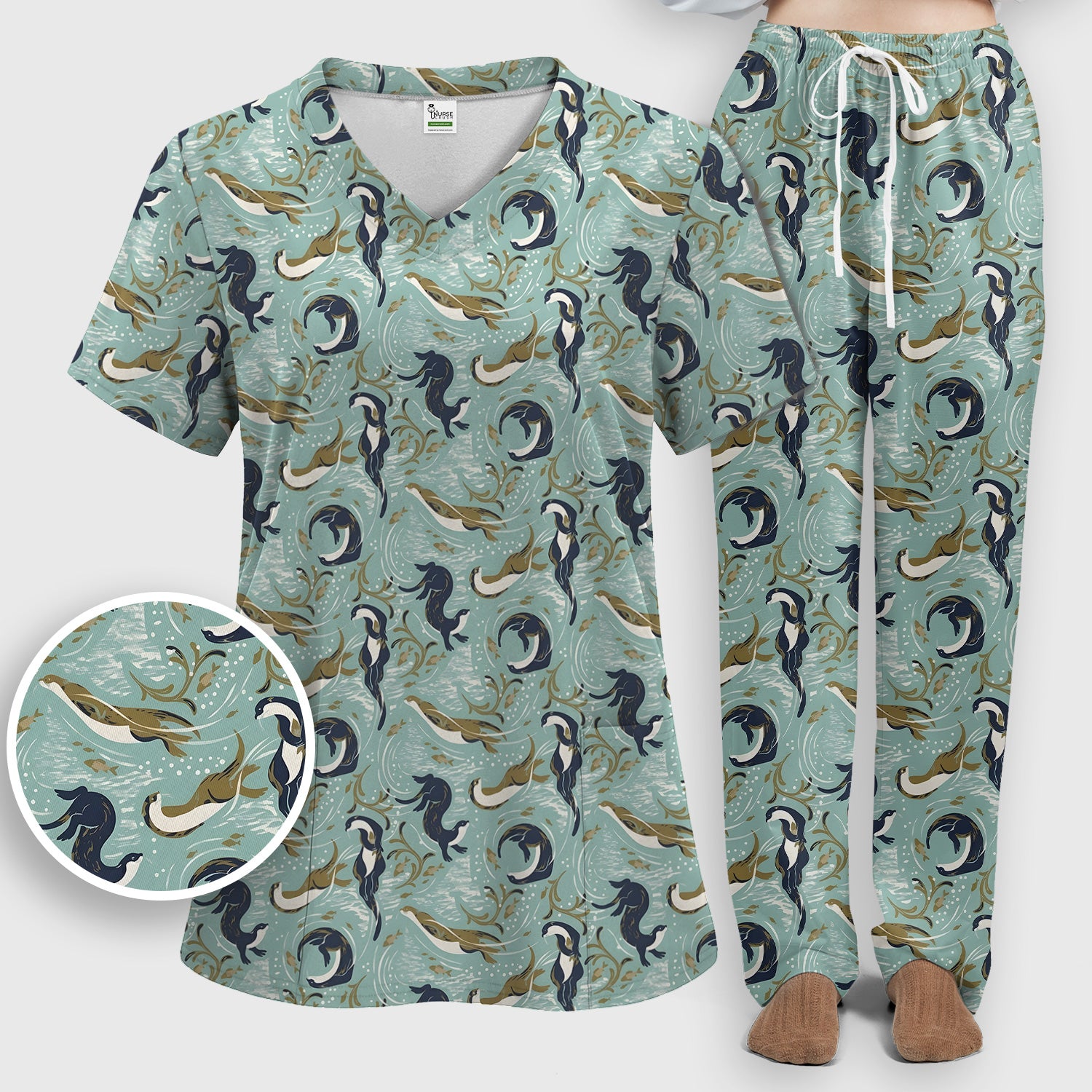 Sea Otter Ocean Wave Coastal Pattern Scrub Set, Scrub Pants and V Neck Top