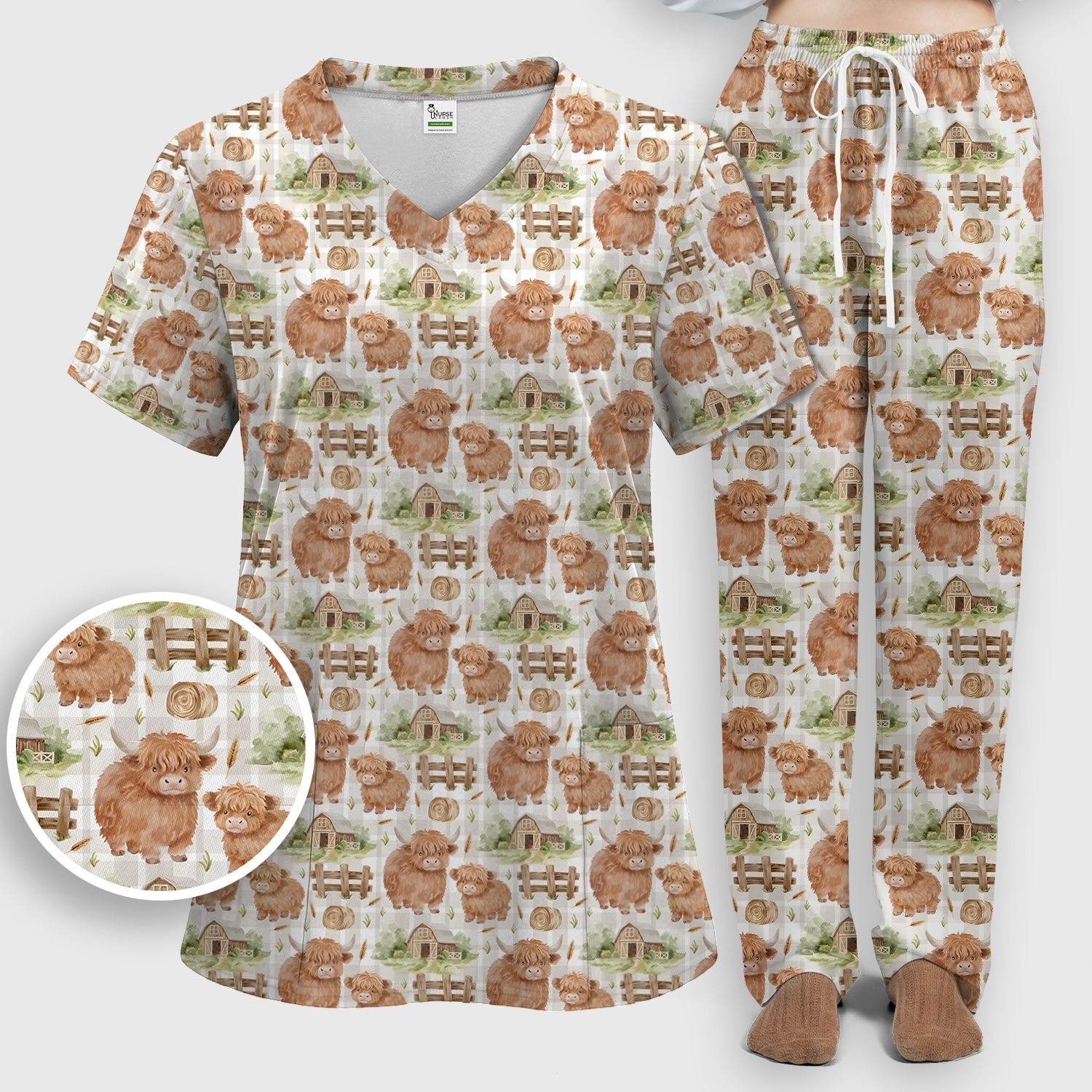Cute Highland Cow With Farm Barn Fence Scrub Set, Scrub Pants and V Neck Top
