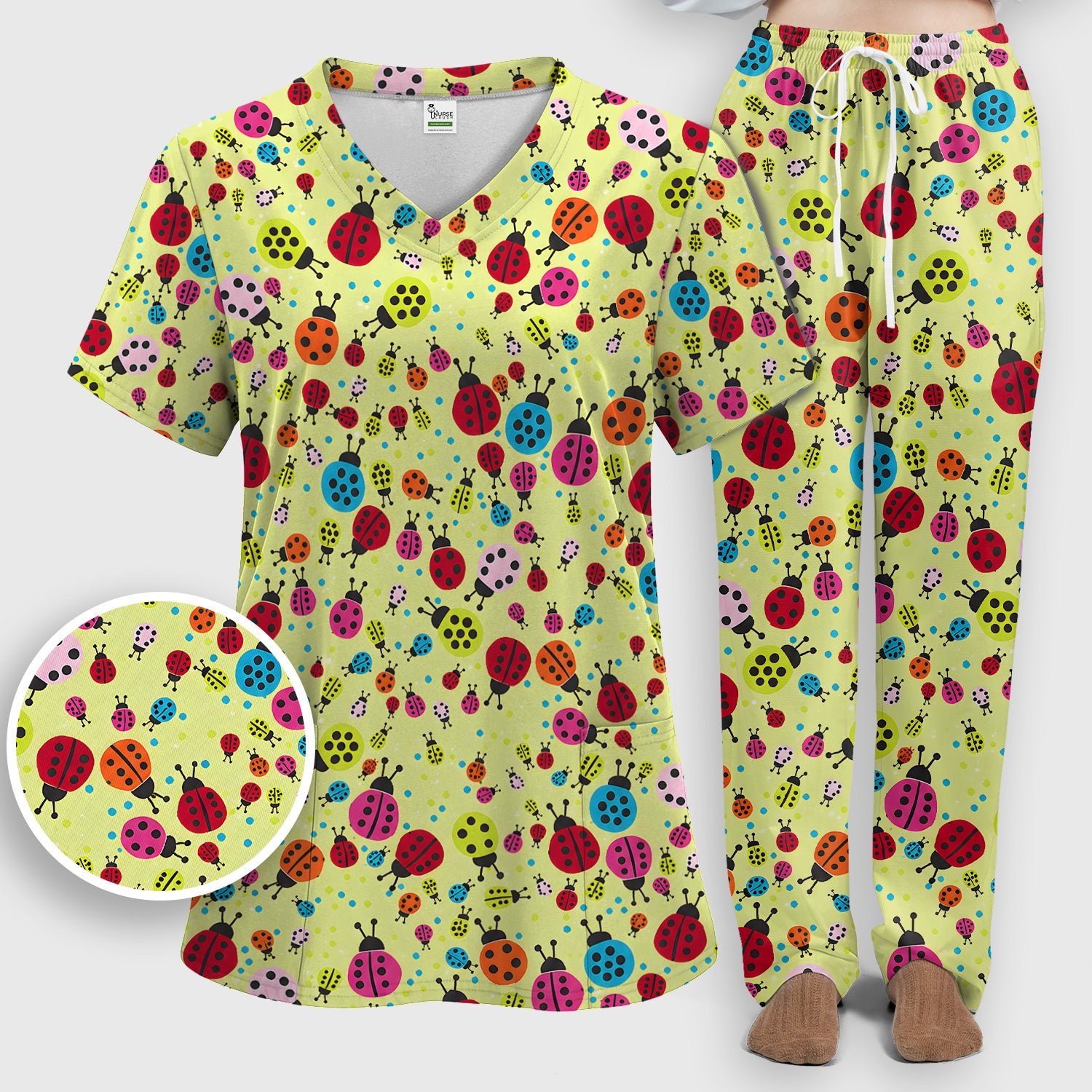 Colorful Ladybug Garden Pattern Scrub Set, Scrub Pants and V Neck Top