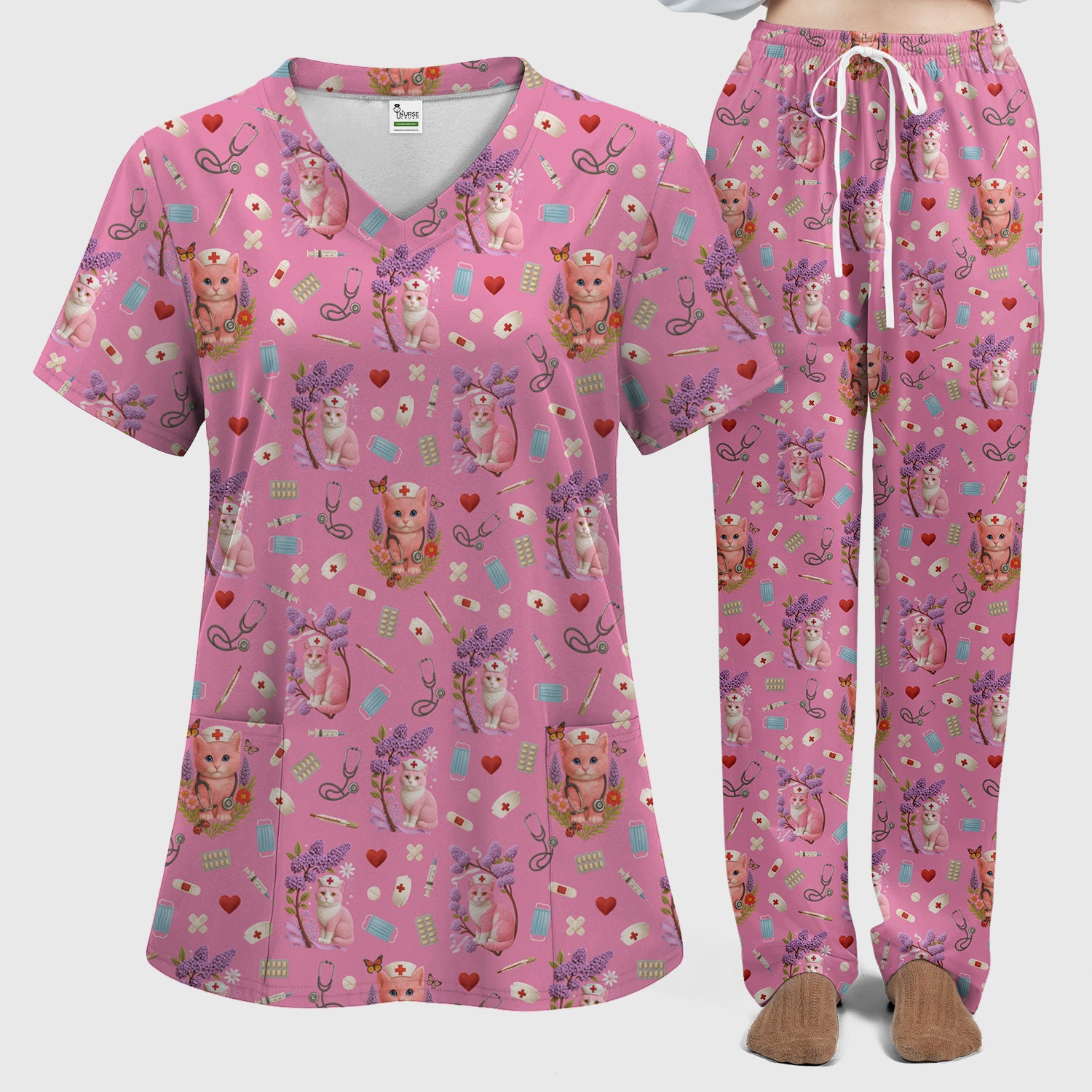 Cute Cat Pattern Nurse Scrub Set - Pink Medical Scrubs for Women - Adorable Kitty Print Gift for RN LPN CNA Healthcare Staff