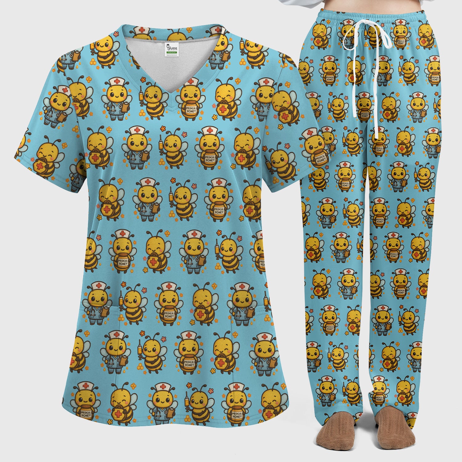 Cute Nurse Bee Scrub Set, Kawaii Medical Honey Bee Pattern Shirt for Nursing Professionals