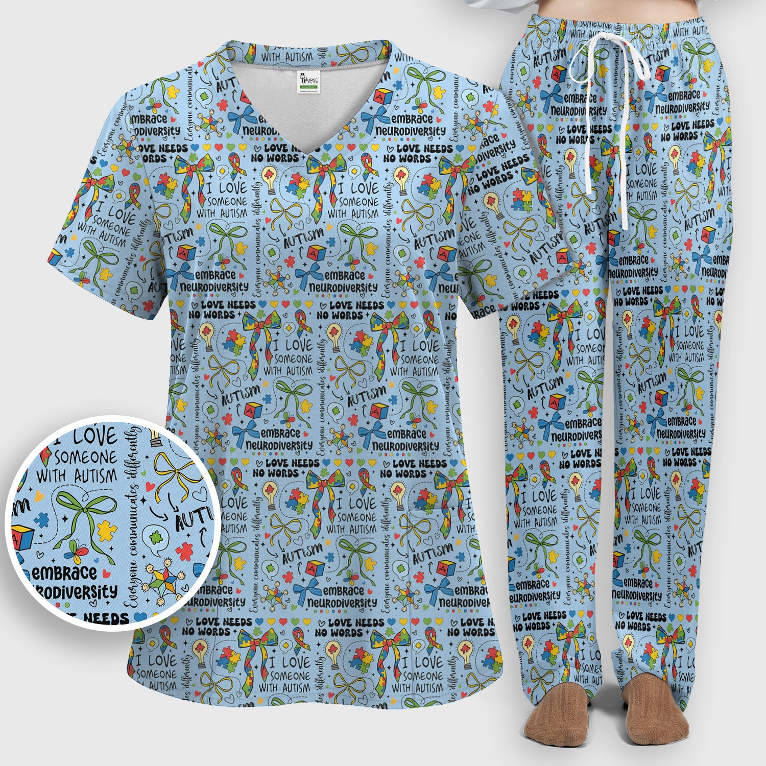 Autism Awareness Puzzle Ribbon Pattern Scrub Set, Scrub Pants and V Neck Top