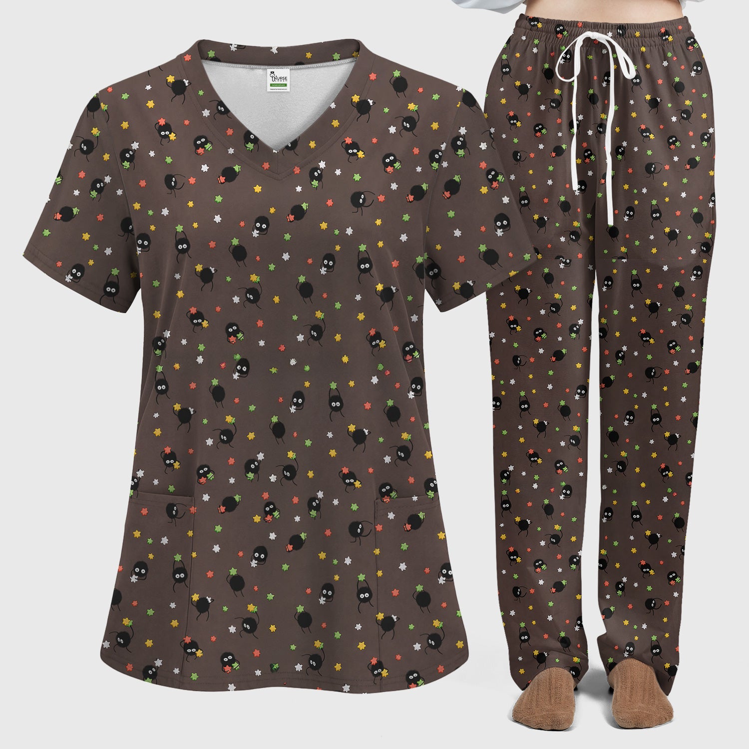 Funny Spider Pattern Pattern Pattern Scrub Set, Cartoon Spider Pattern Nursing Uniform For Women