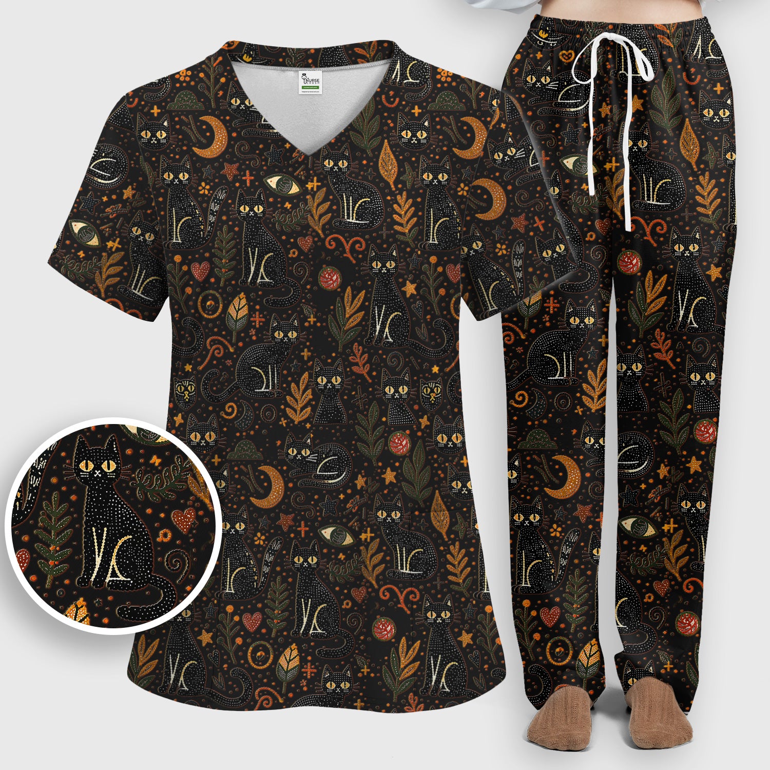 Mystic Black Cat Celestial Doodle Pattern Scrub Set, Scrub Pants and V Neck Top