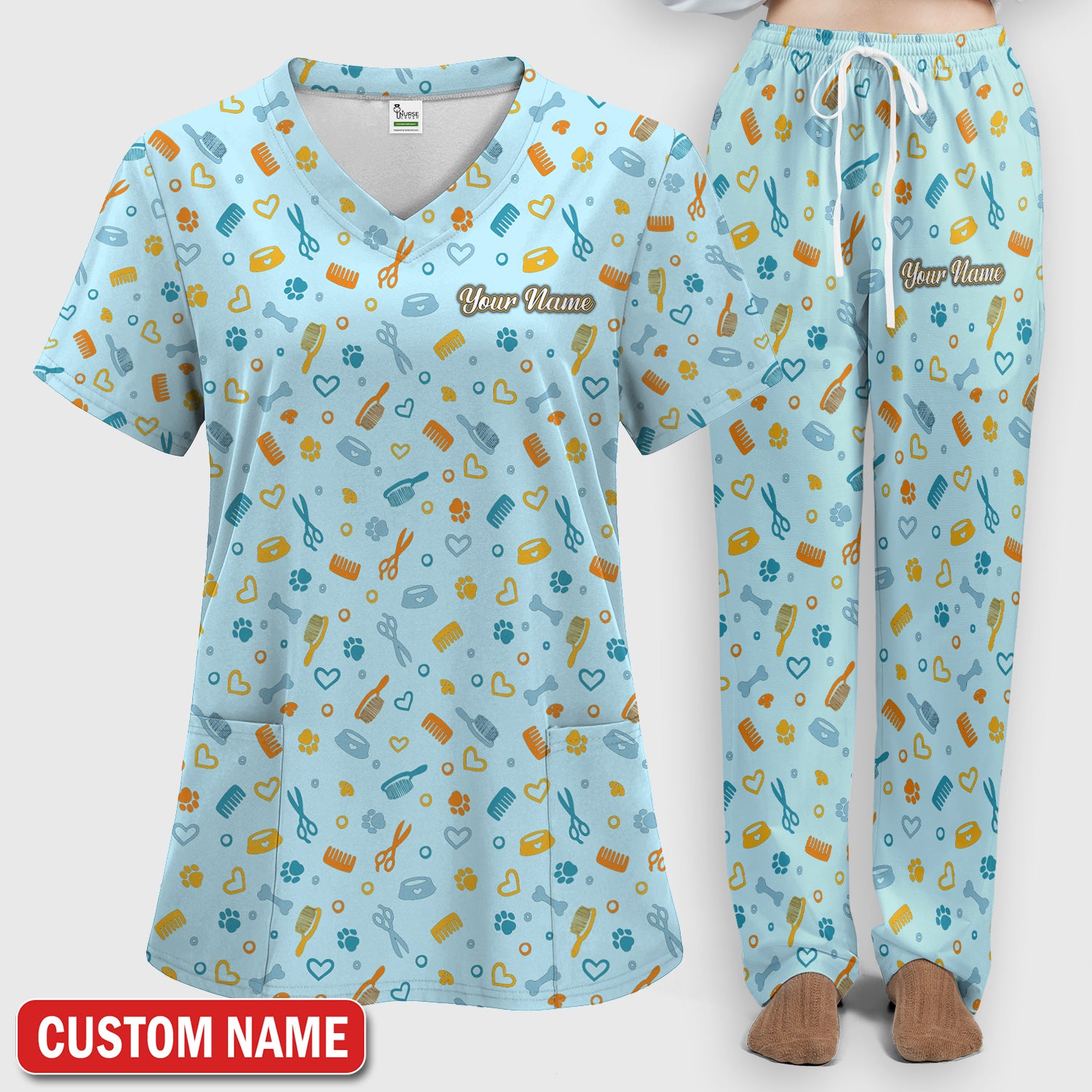 Custom Name Dog Cat Grooming Pattern Scrub Set, Scrub Pants and V Neck Top