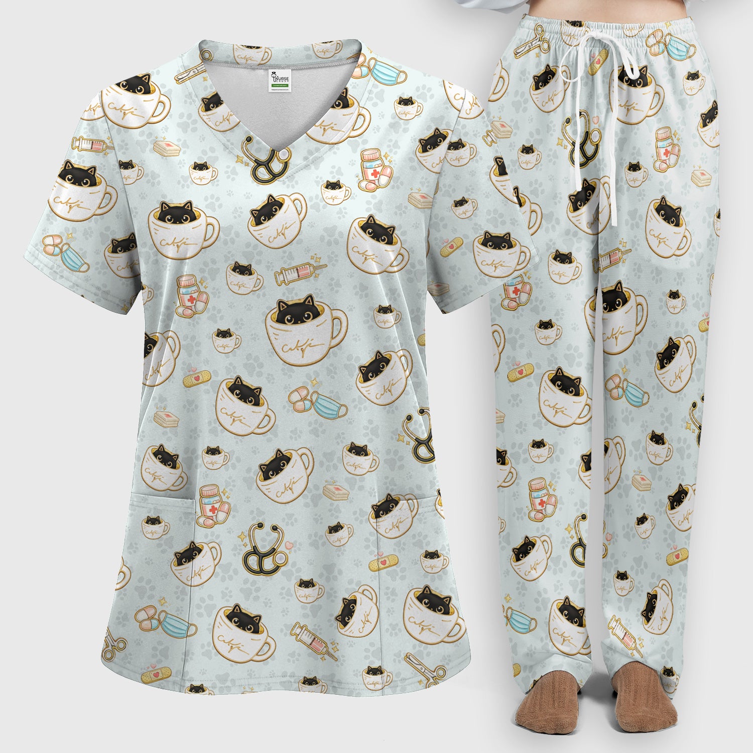 Cute Coffee Cat Medical Print Scrub Set, Scrub Pants and V Neck Top