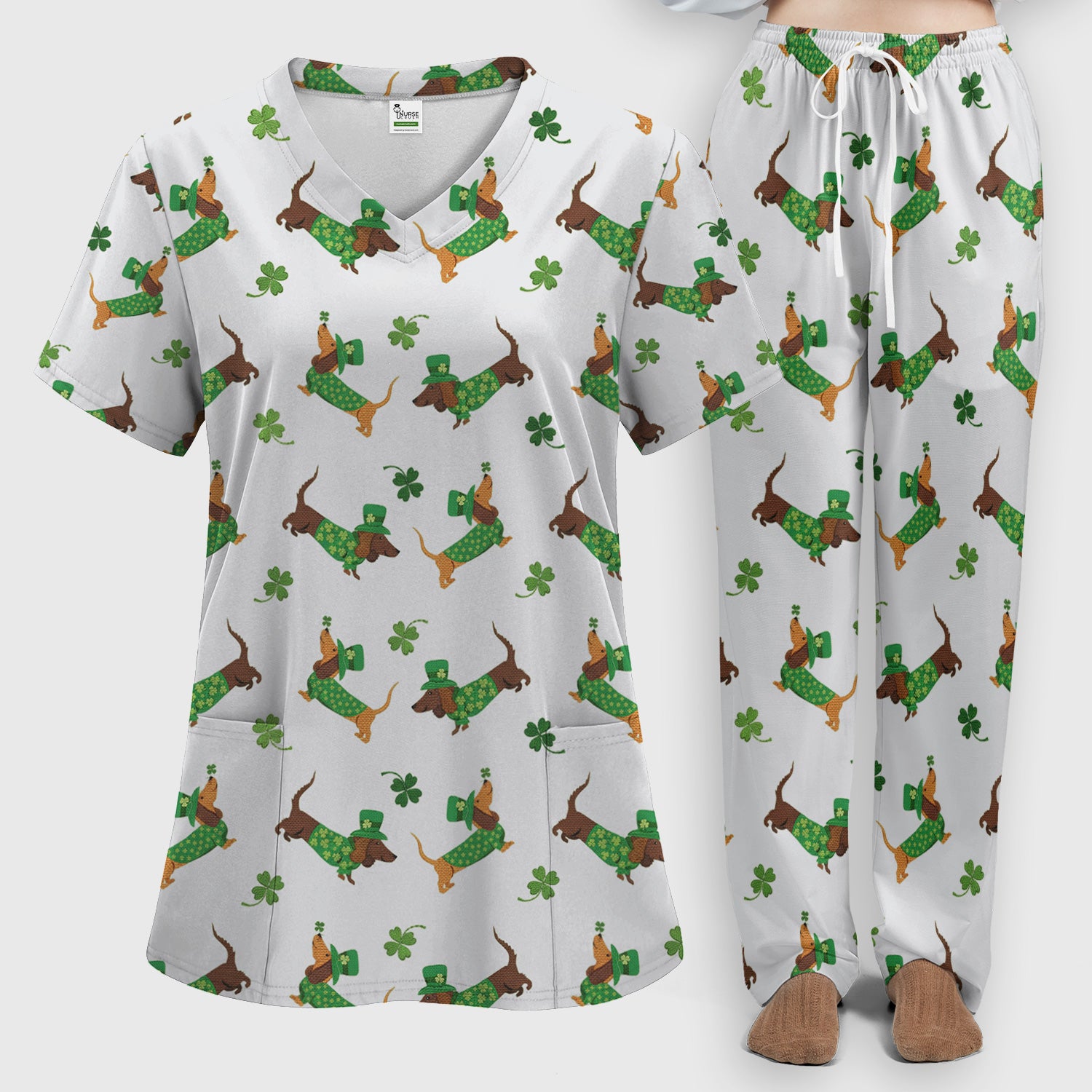 St. Patrick’s Day Dachshund Scrub Set, Funny Wiener Dog Nurse Shirt, Breathable Fabrics Nursing Uniform