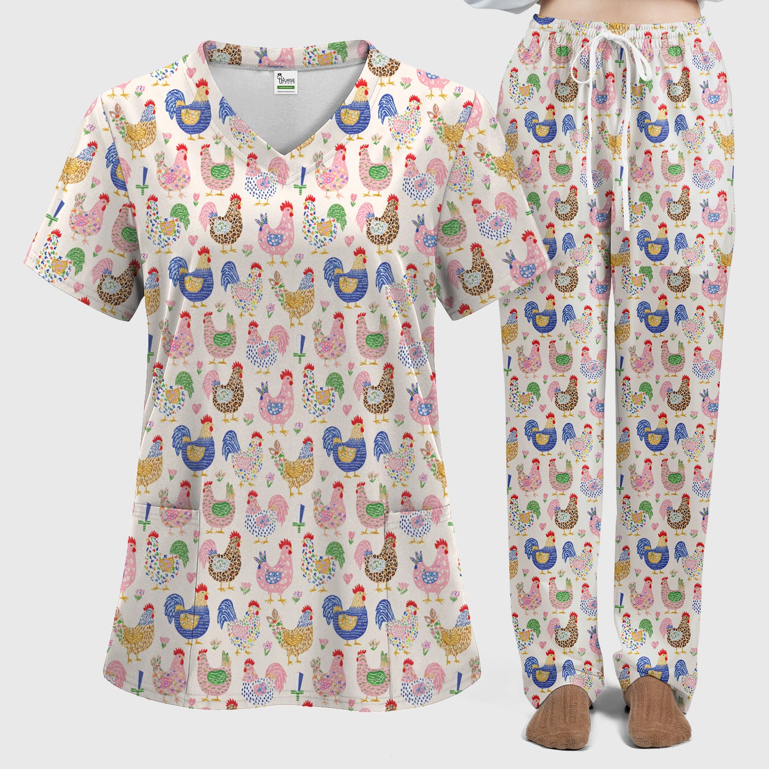 Colorful Chicken Farm Pattern Scrub Set, Scrub Pants and V Neck Top