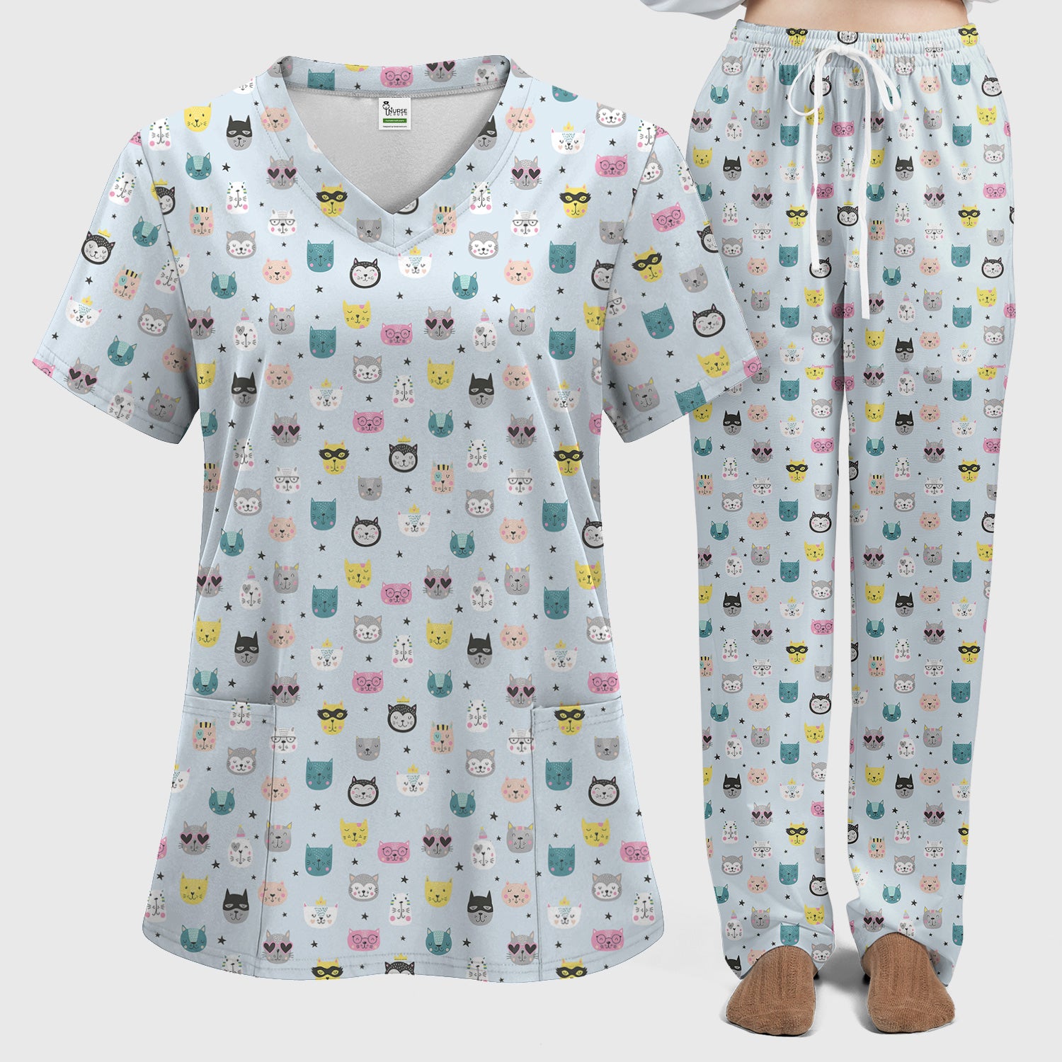 Cute Colorful Cat Pattern Women's Scrub Sets, Breathable Med Uniform