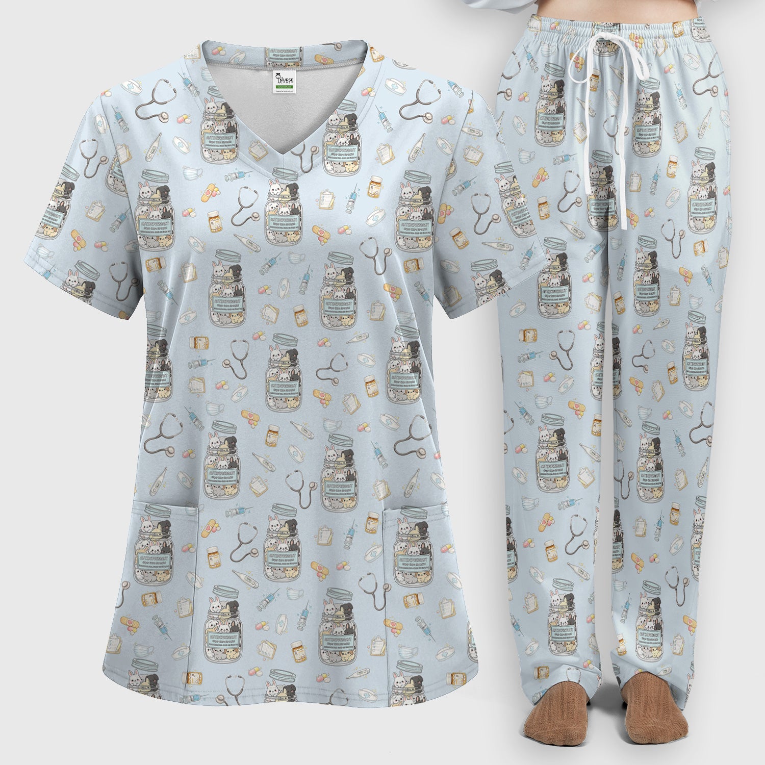 Whimsical Antidepressant Rabbit Jar Design Scrub Set, Scrub Pants and V-Neck Top