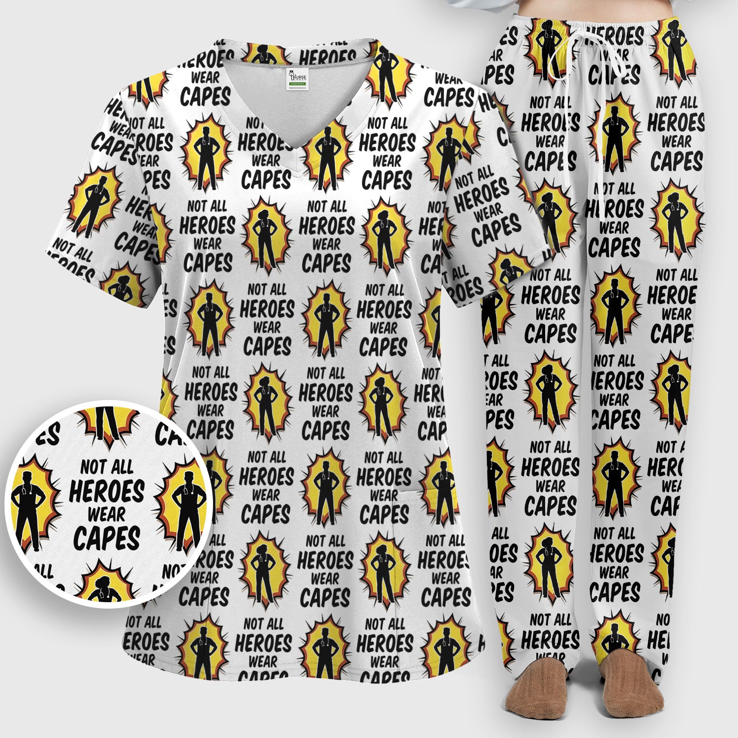 Not All Heroes Wear Capes Nurse Pattern Scrub Set, Scrub Pants and V Neck Top
