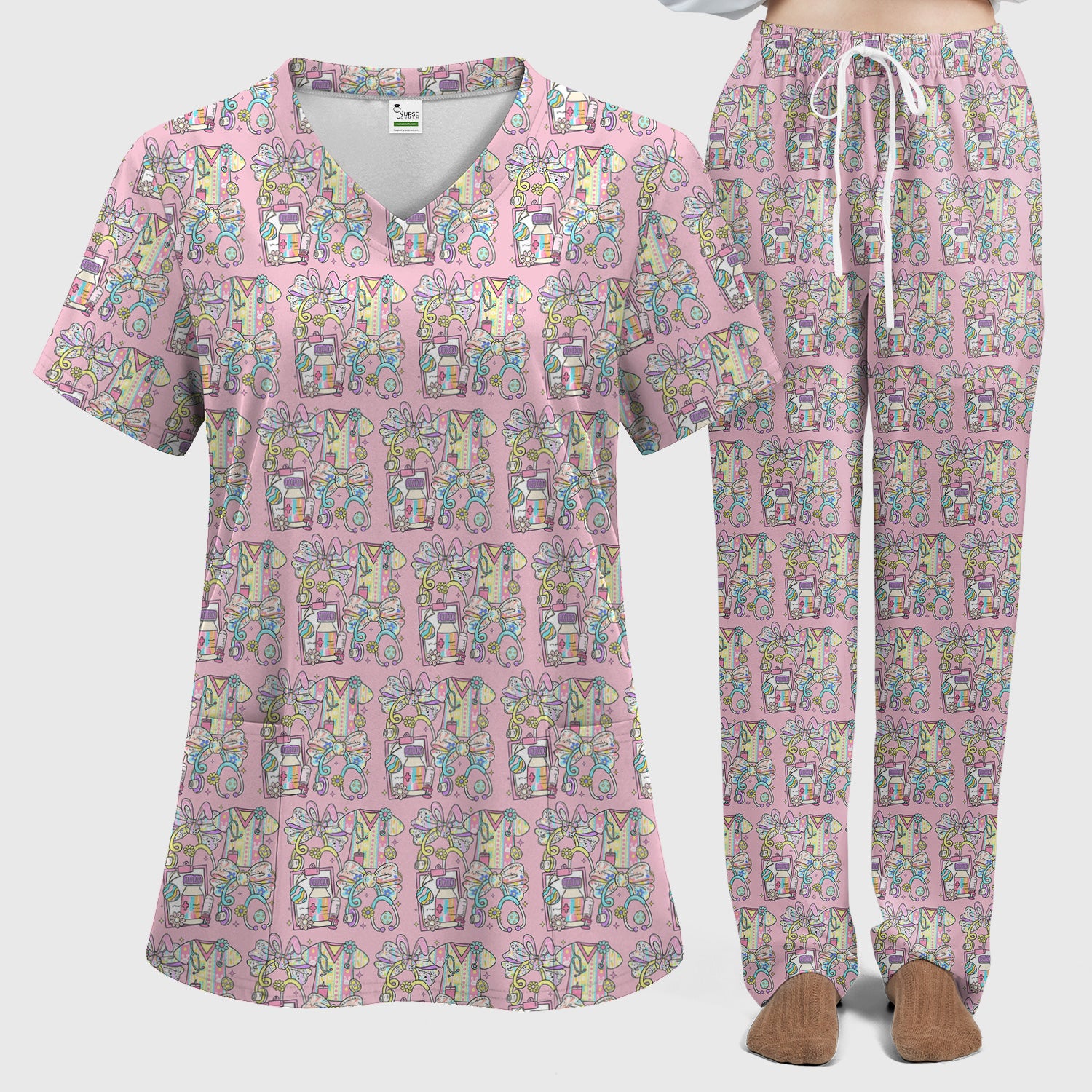Colorful Nurse Scrub Supplies Pattern Scrub Set, Scrub Pants and V Neck Top