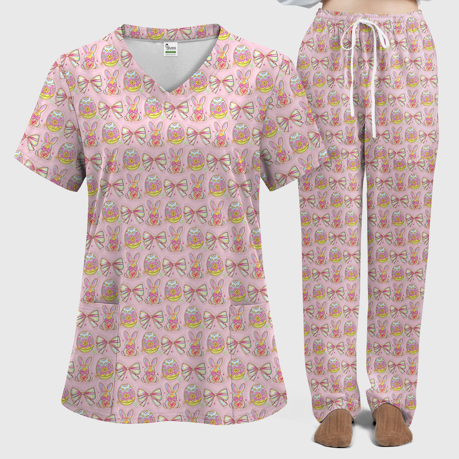 Easter Bunny Pastel Egg Bow Pattern Scrub Set, Breathable Med Uniform
