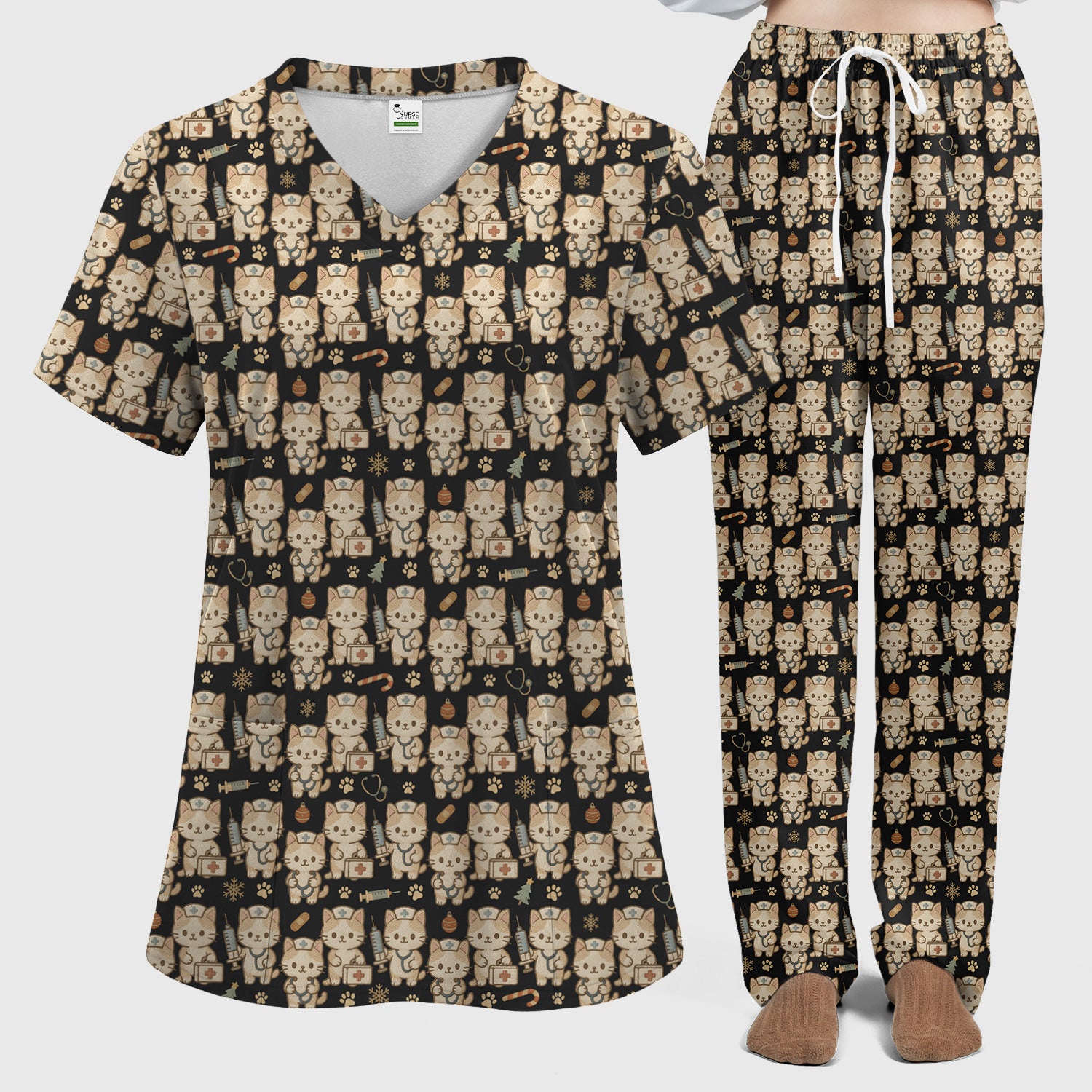 Cute Cat Nurse Christmas Scrub Set, Kawaii Kitty Medical Pattern Shirt, Breathable Fabrics Nursing Uniform
