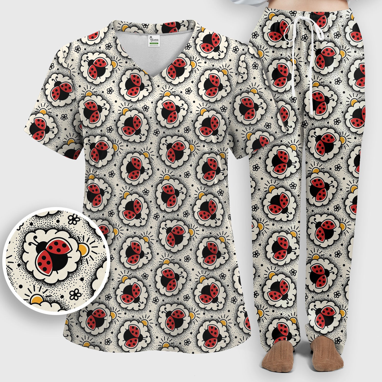 Cute Ladybug in Floral Frame Pattern Scrub Set, Breathable Med Uniform