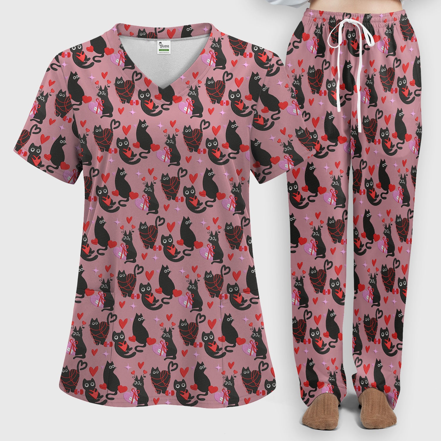 Valentine’s Day Scrub Set, Cute Black Cat With Heart Pattern Nurse Shirt, Breathable Fabrics Nursing Uniform