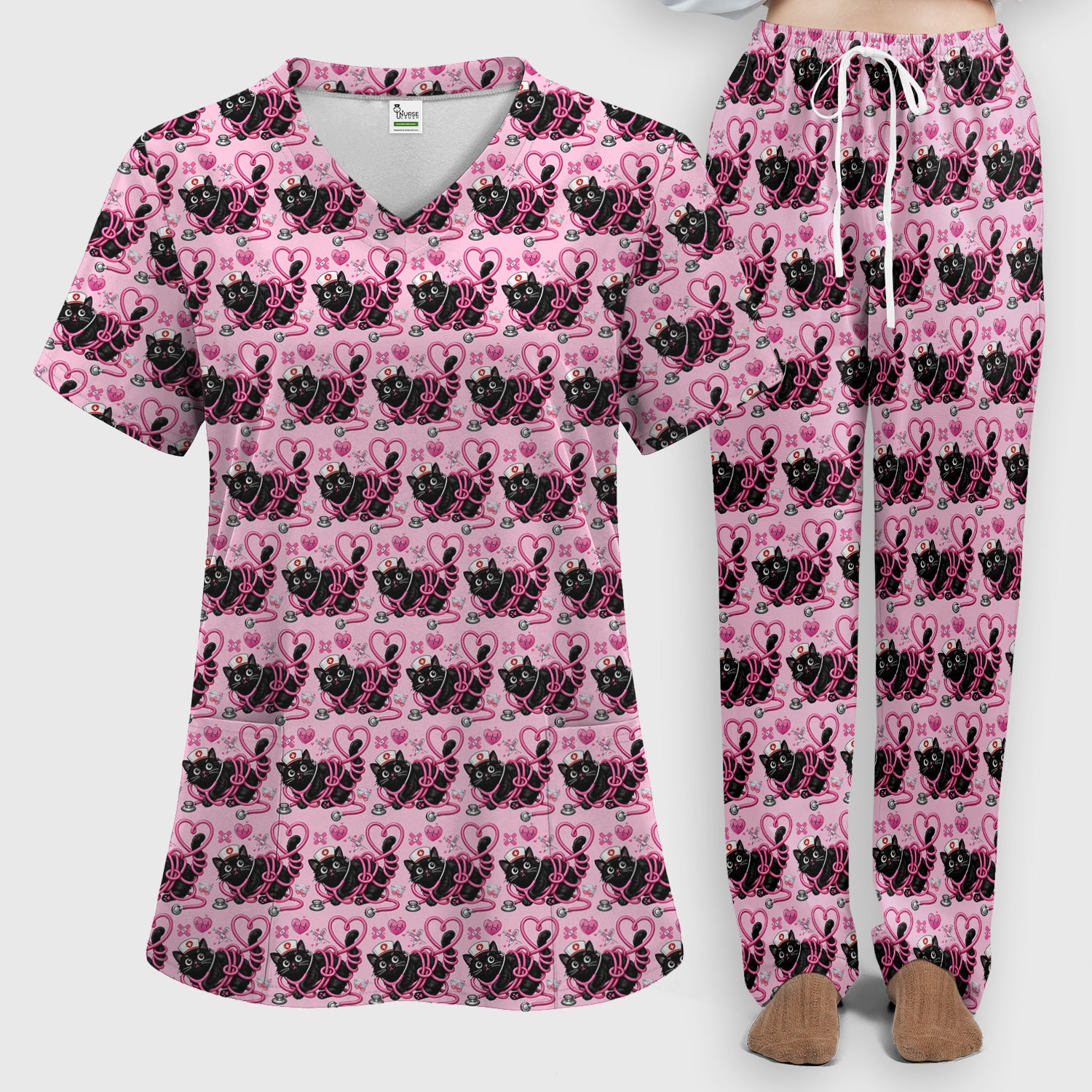 Valentine Cute Cat Nurse Heart Print Women's Scrub Set, Breathable Med Uniform