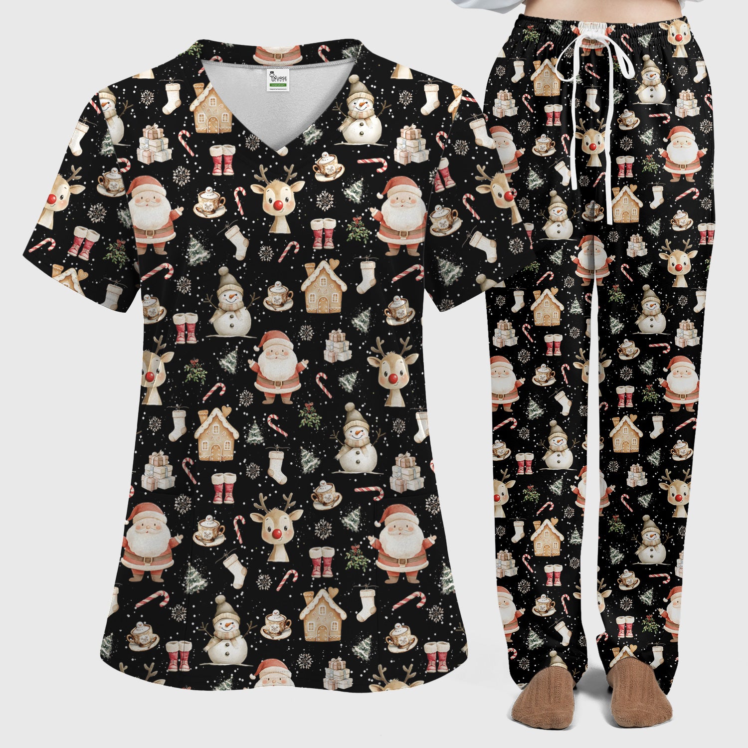 Christmas Santa Pattern  Scrub Top – Cute Medical Uniform for Nurses - Breathable Fabrics Nursing Uniform