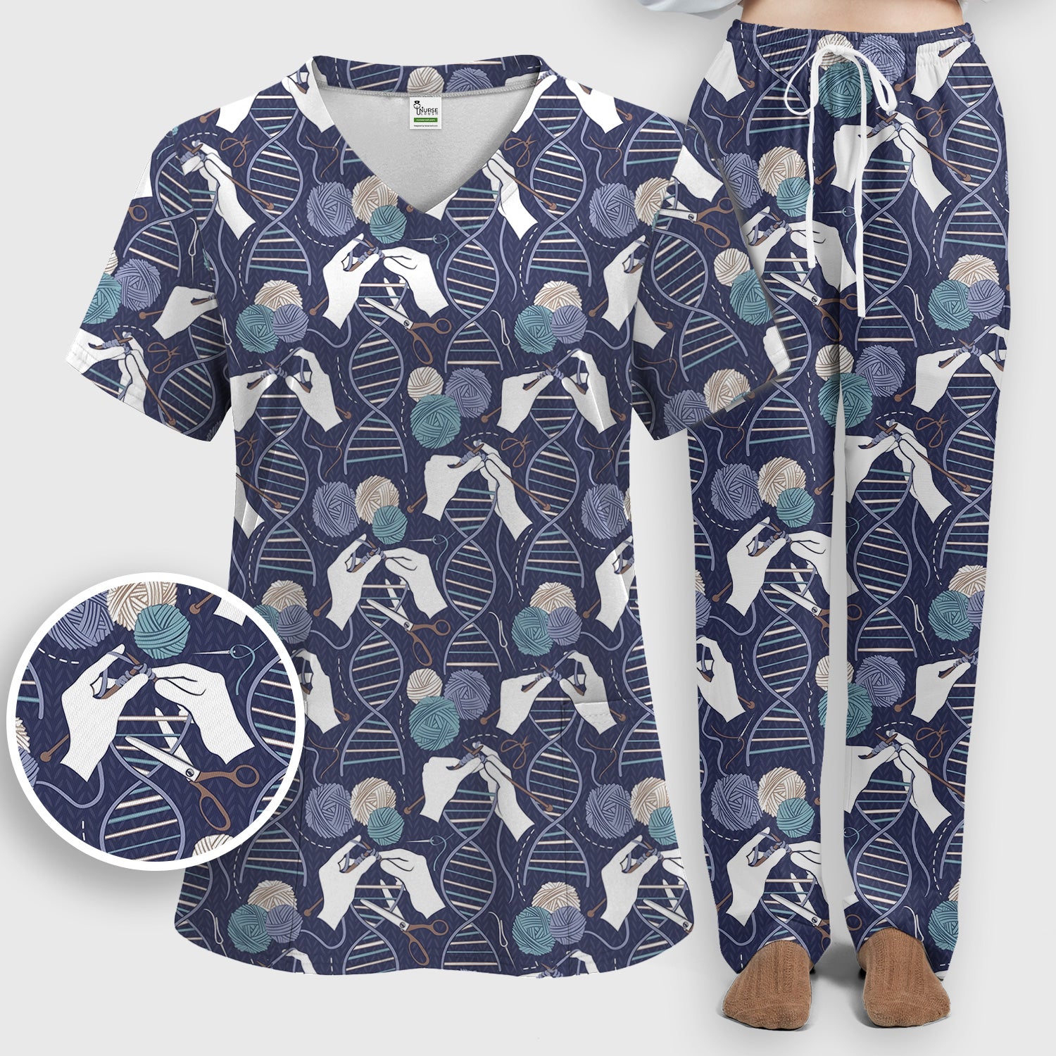 DNA Helix Yarn Pattern Scrub Set, Scrub Pants and V Neck Top