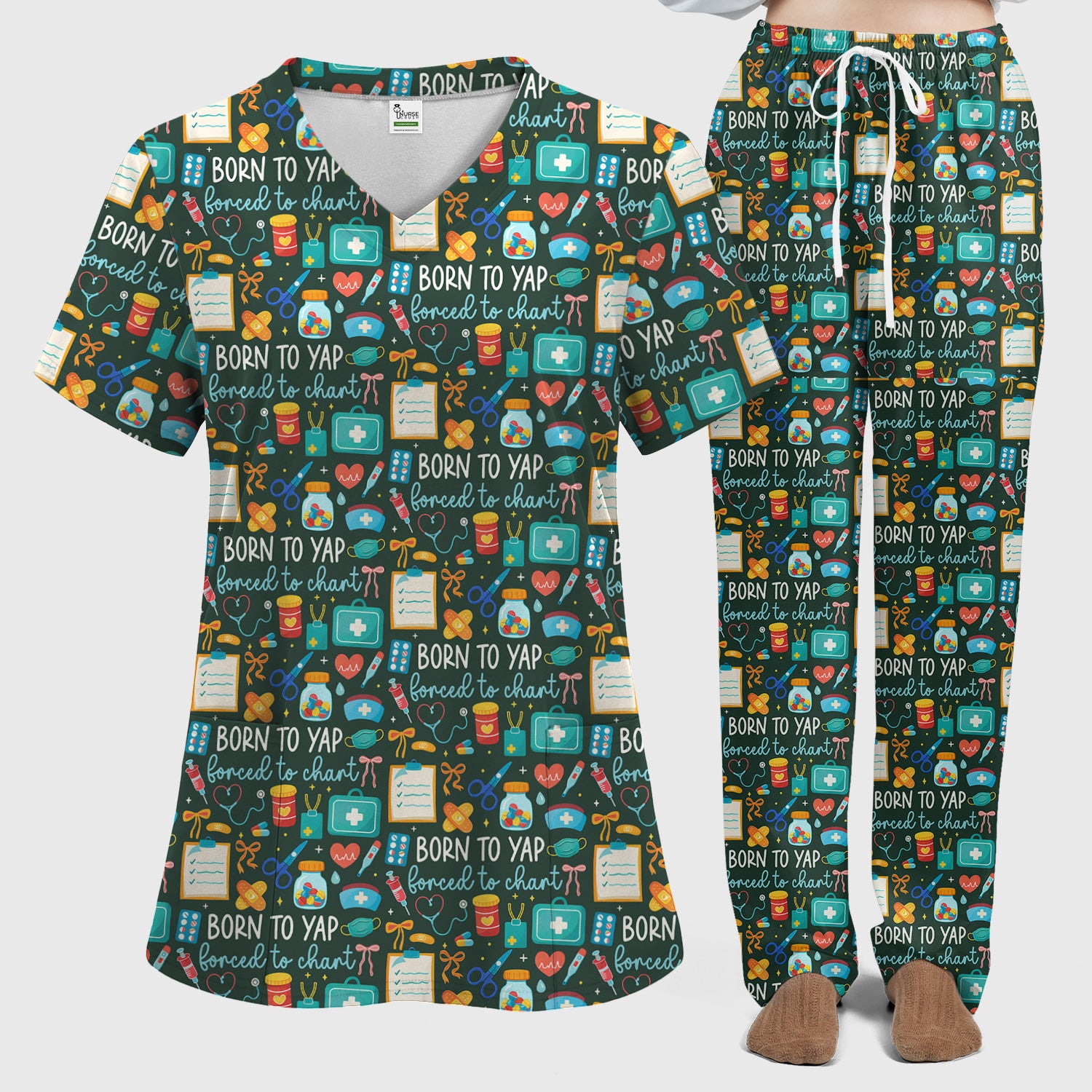 Born To Yap Medical Tools Pattern Scrub Set, Scrub Pants and V Neck Top