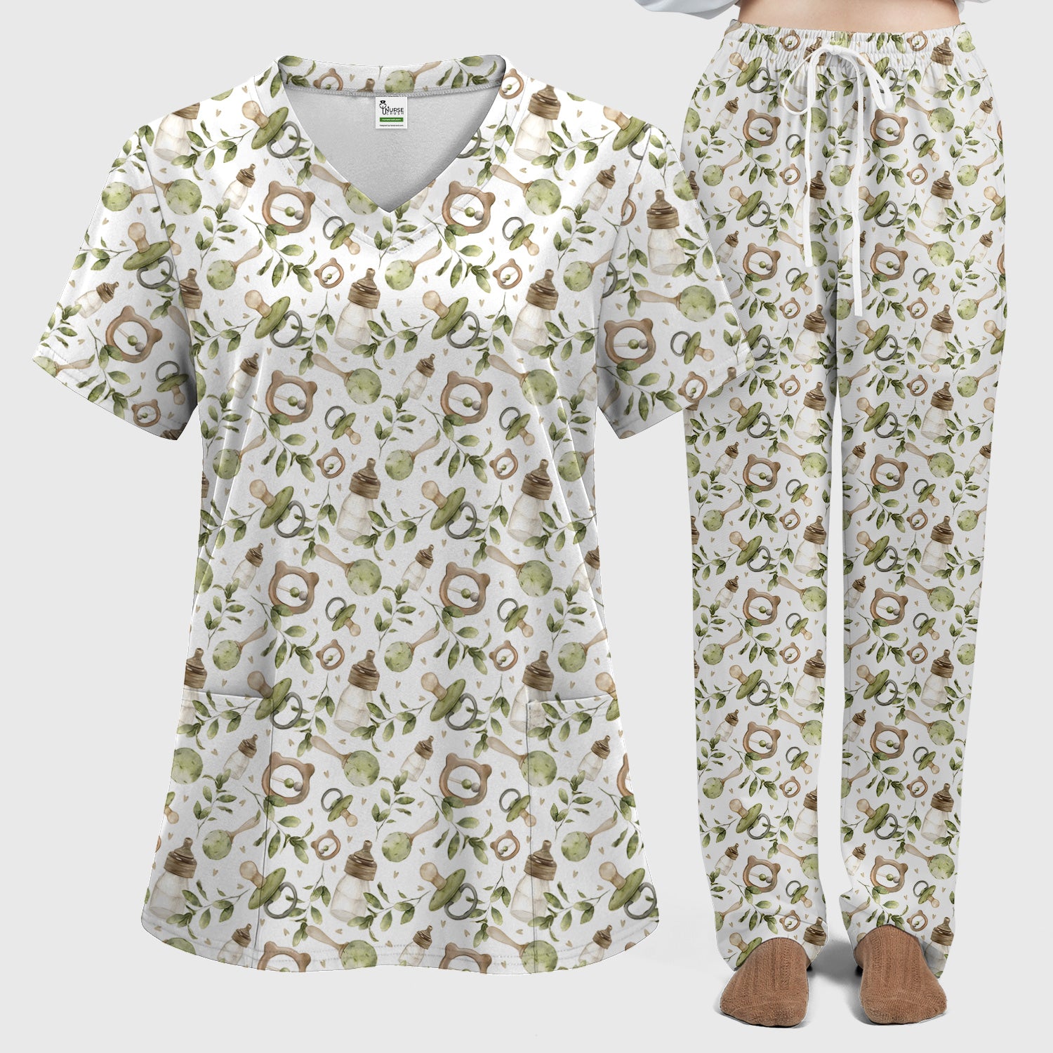 Cute Baby Bottle and Greenery Pattern Scrub Set, Breathable Med Uniform