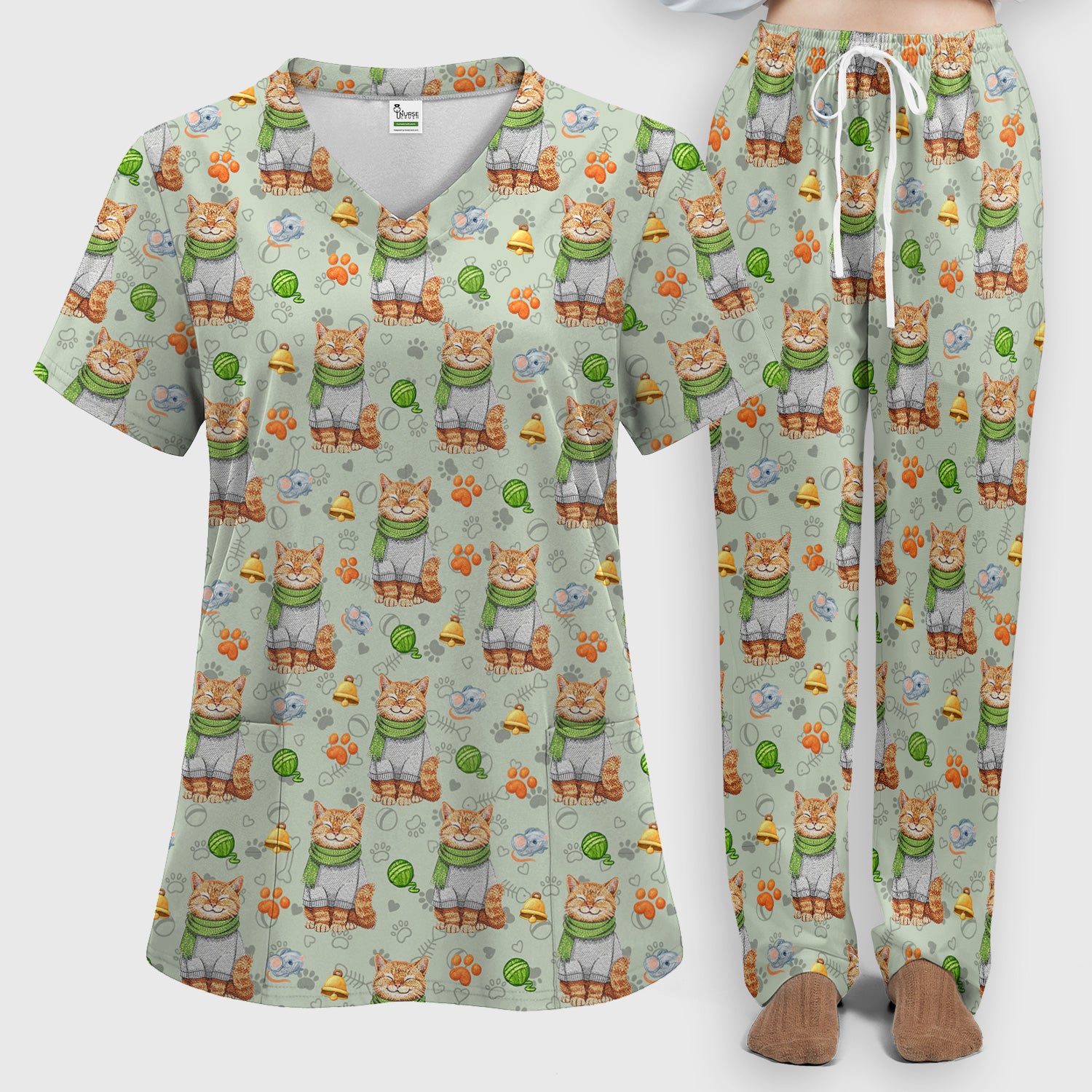 Adorable Cat Lover Nurse Scrub Set, Cute Cat Medical Pattern Shirt, Breathable Fabrics Nursing Uniform