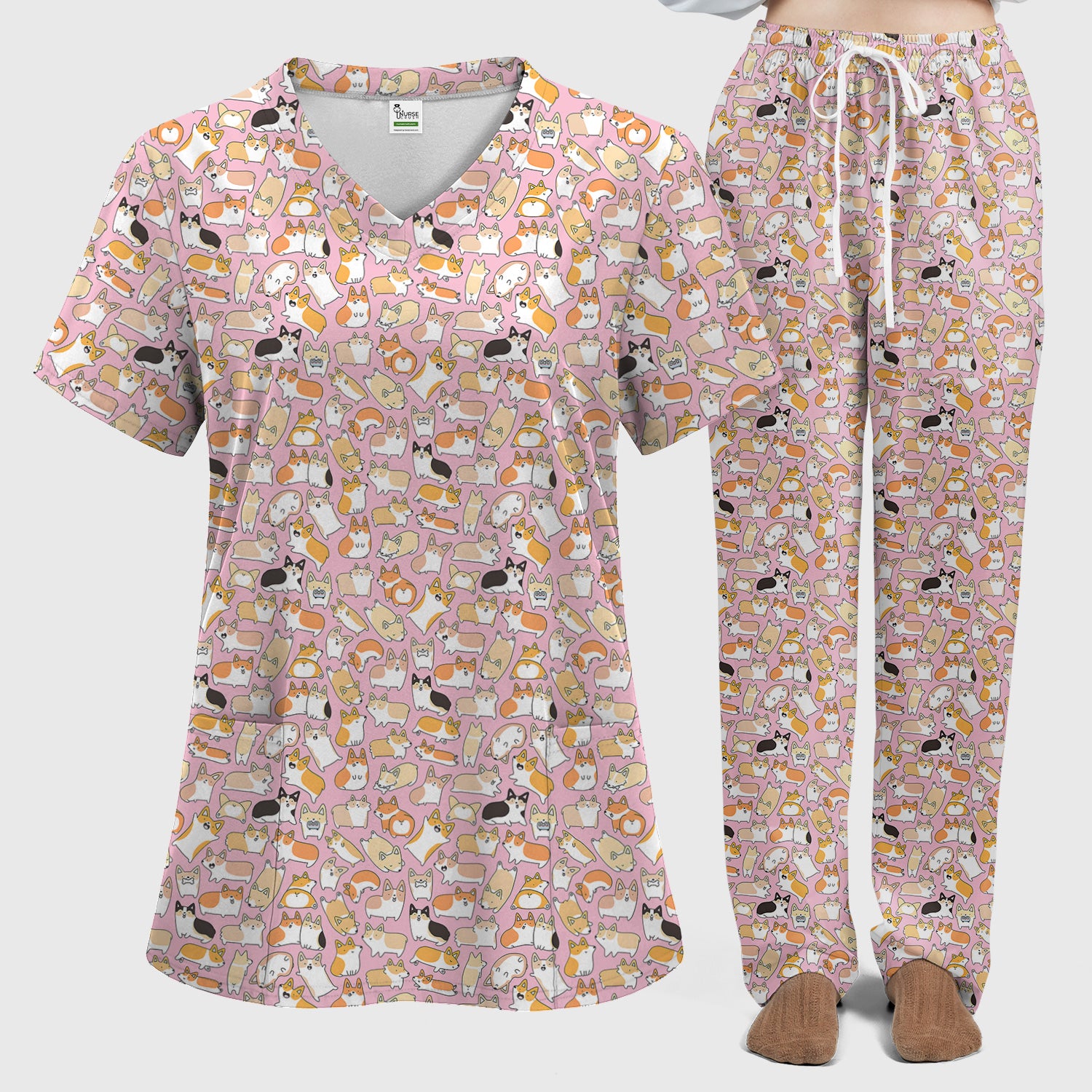Cute Corgi Dog All Over Print Scrub Set, Scrub Pants and V Neck Top