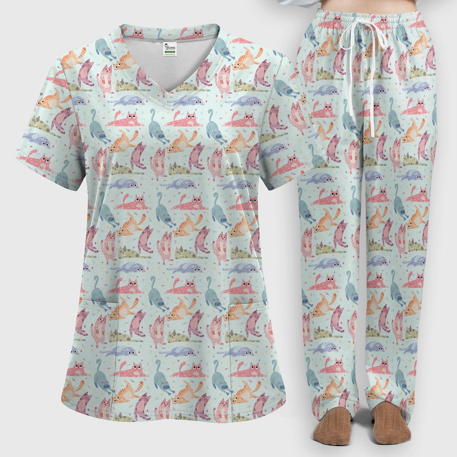 Funny Pastel Cat Pattern Medical Scrub Set, Breathable Fabrics Nursing Uniform