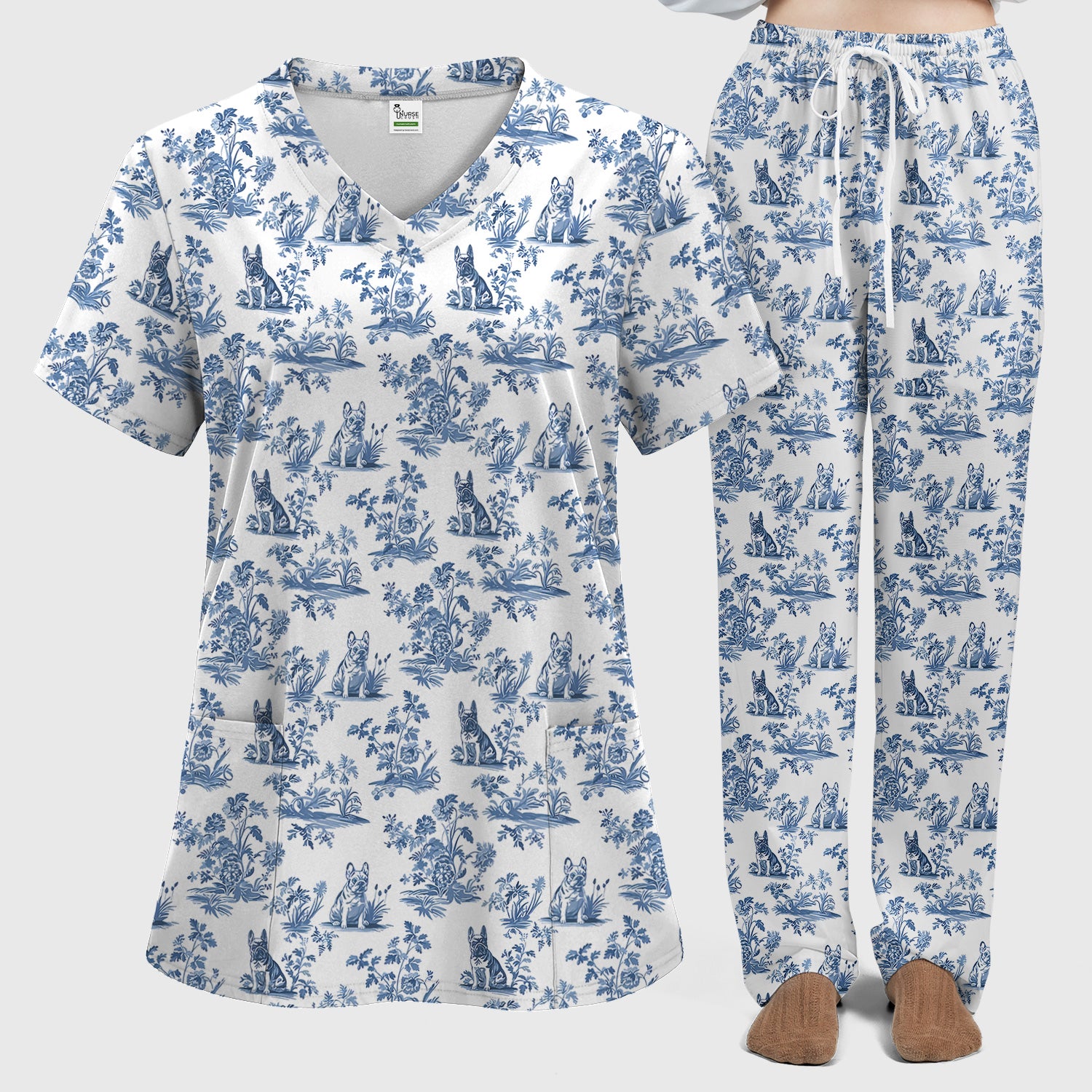 German Shepherd Toile De Jouy Scrub Set, Vintage Dog Pattern Nurse Scrub Uniform, Cute Vet Tech Uniform