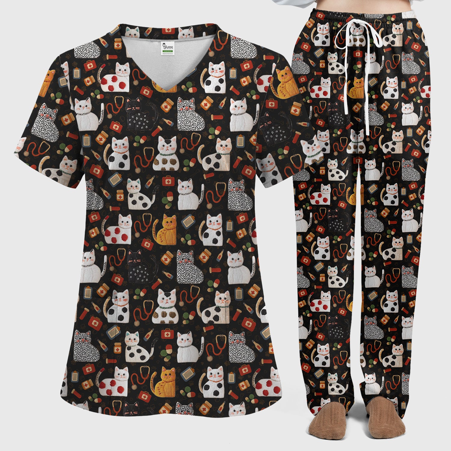 Cute Cat Scrub Set – Funny Veterinary Pattern Medical Shirt – Pet Lover Uniform For RN, LPN, CNA, and Vet Staff