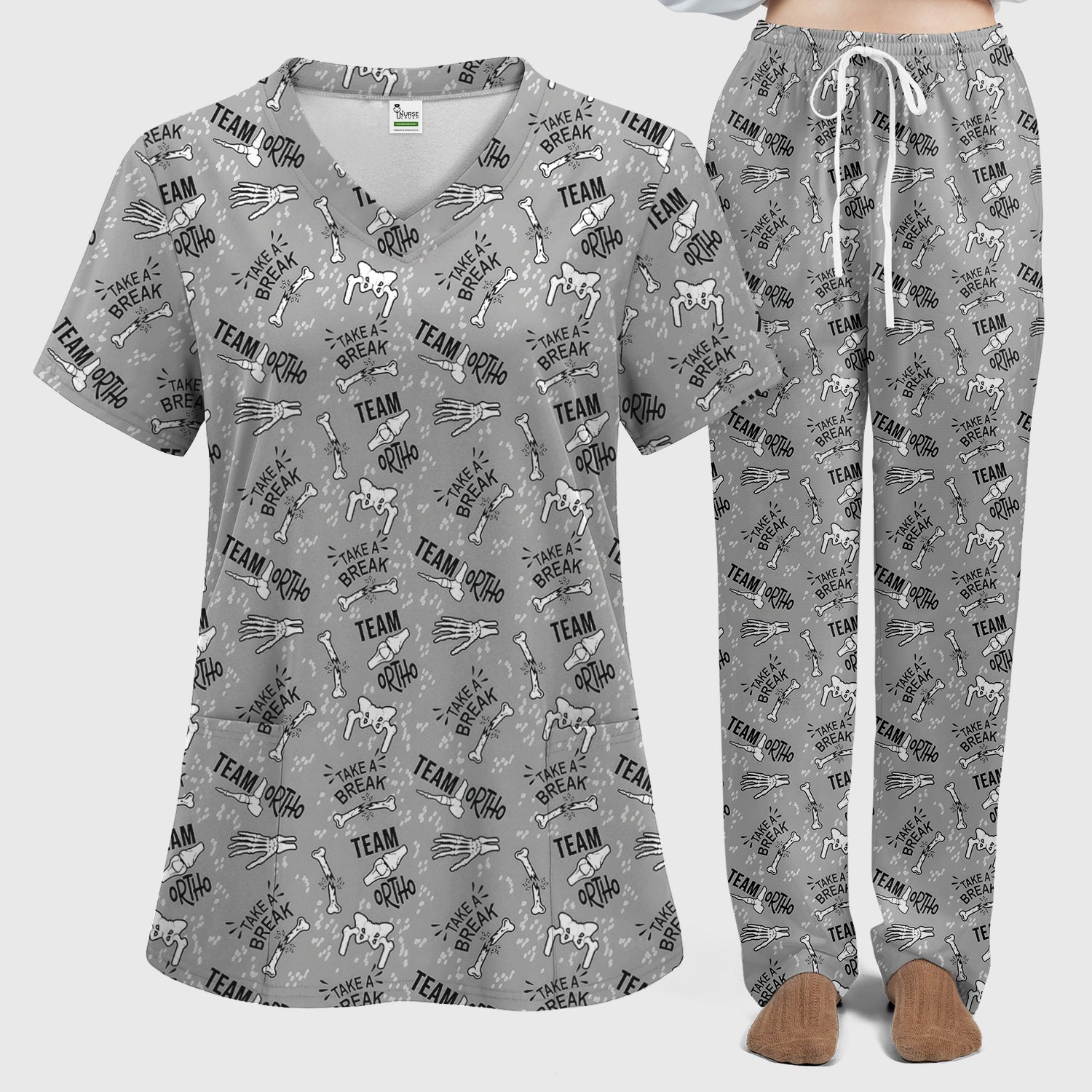 Team Ortho Bone Joint Print Scrub Set, Scrub Pants and V Neck Top