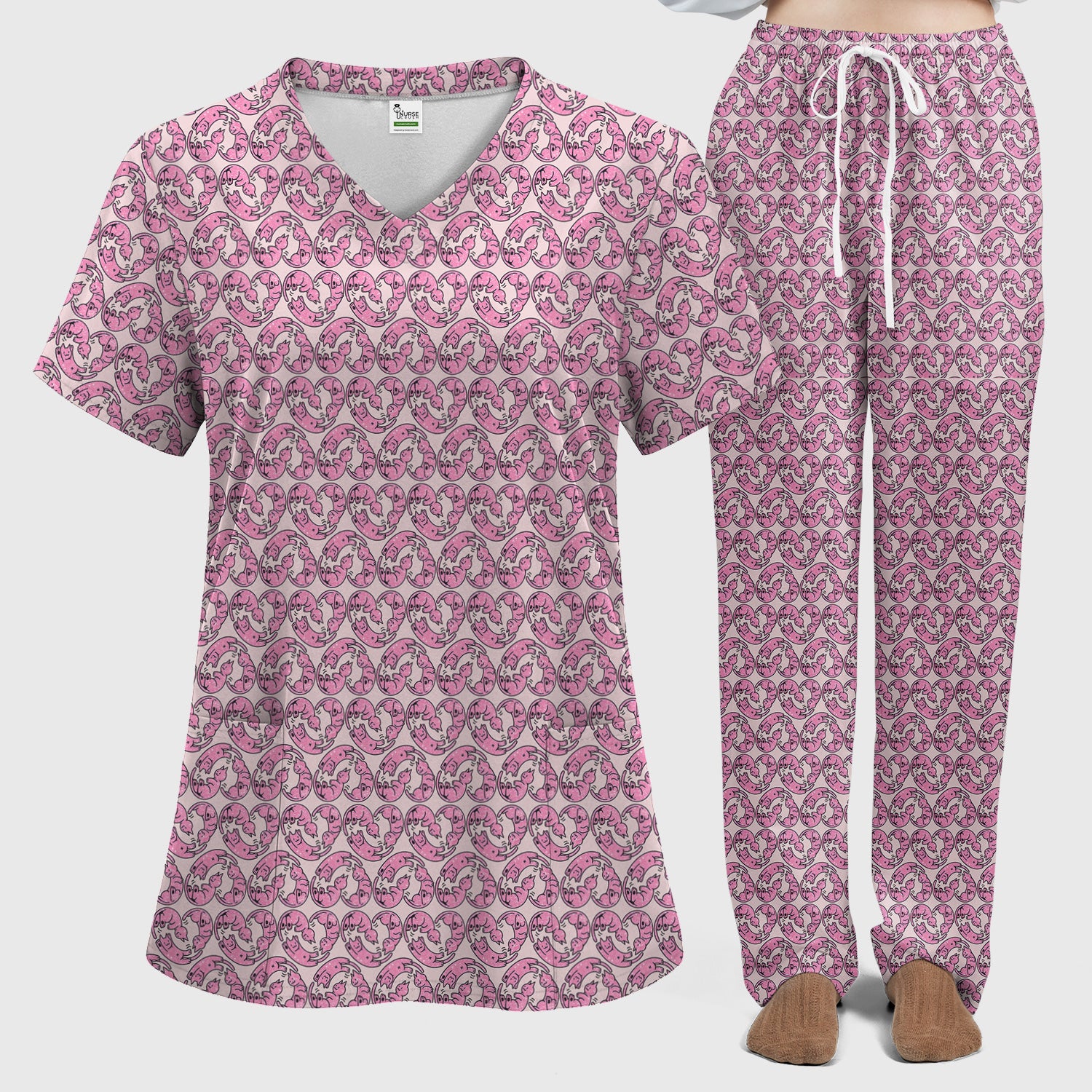 Cute Pink Cat Cartoon All Over Print Set, Women’s Scrub Sets
