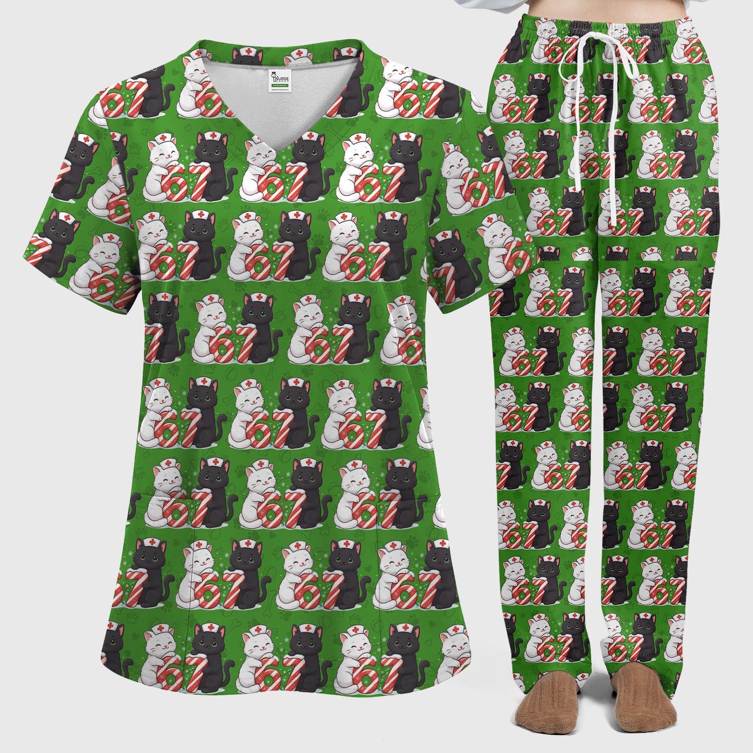 Xmas Cat Pattern Scrub Set, Christmas Nurse Six Seven With Cat Scrub Shirt, Breathable Fabrics Nursing Uniform