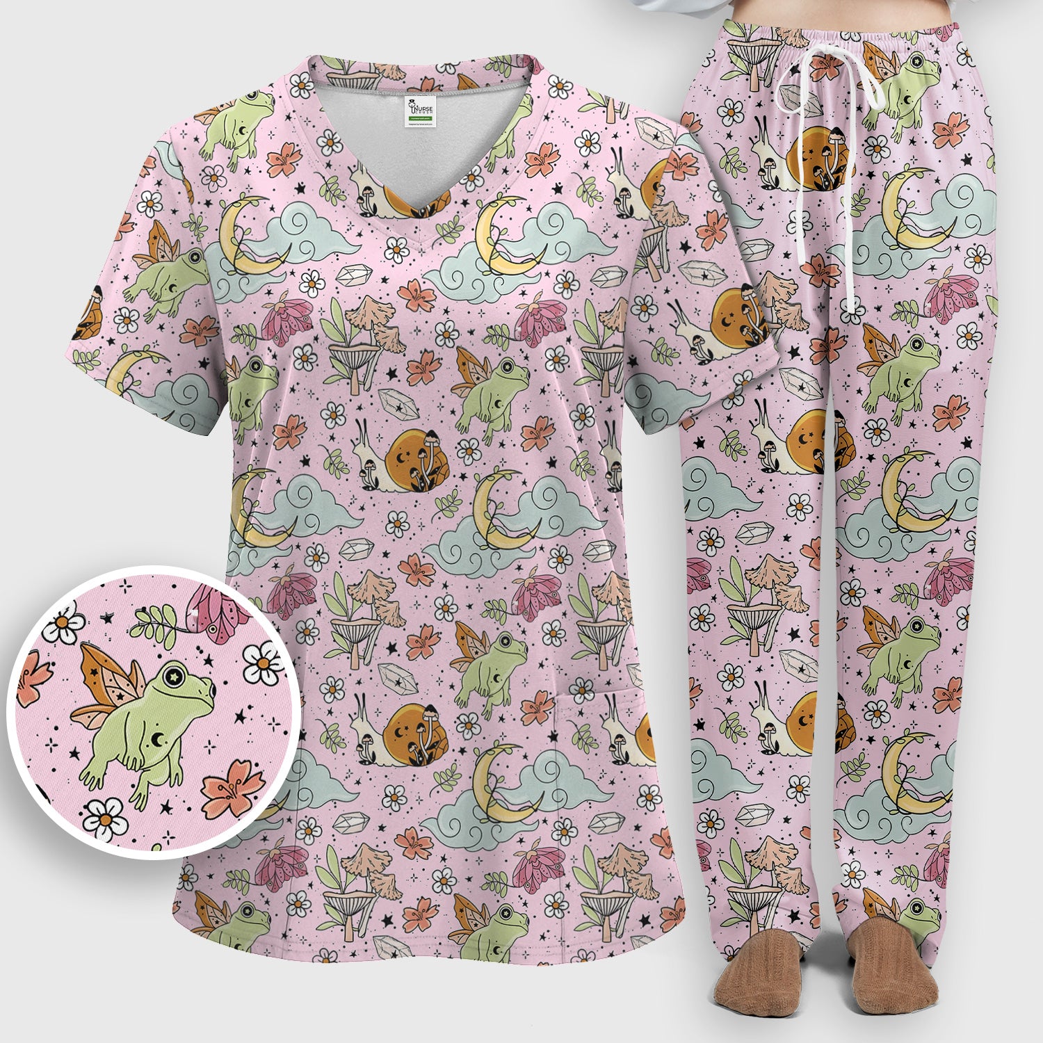 Whimsical Frog Moon Mushroom Pattern Scrub Set, Fantasy Nature Print, Breathable Med Uniform