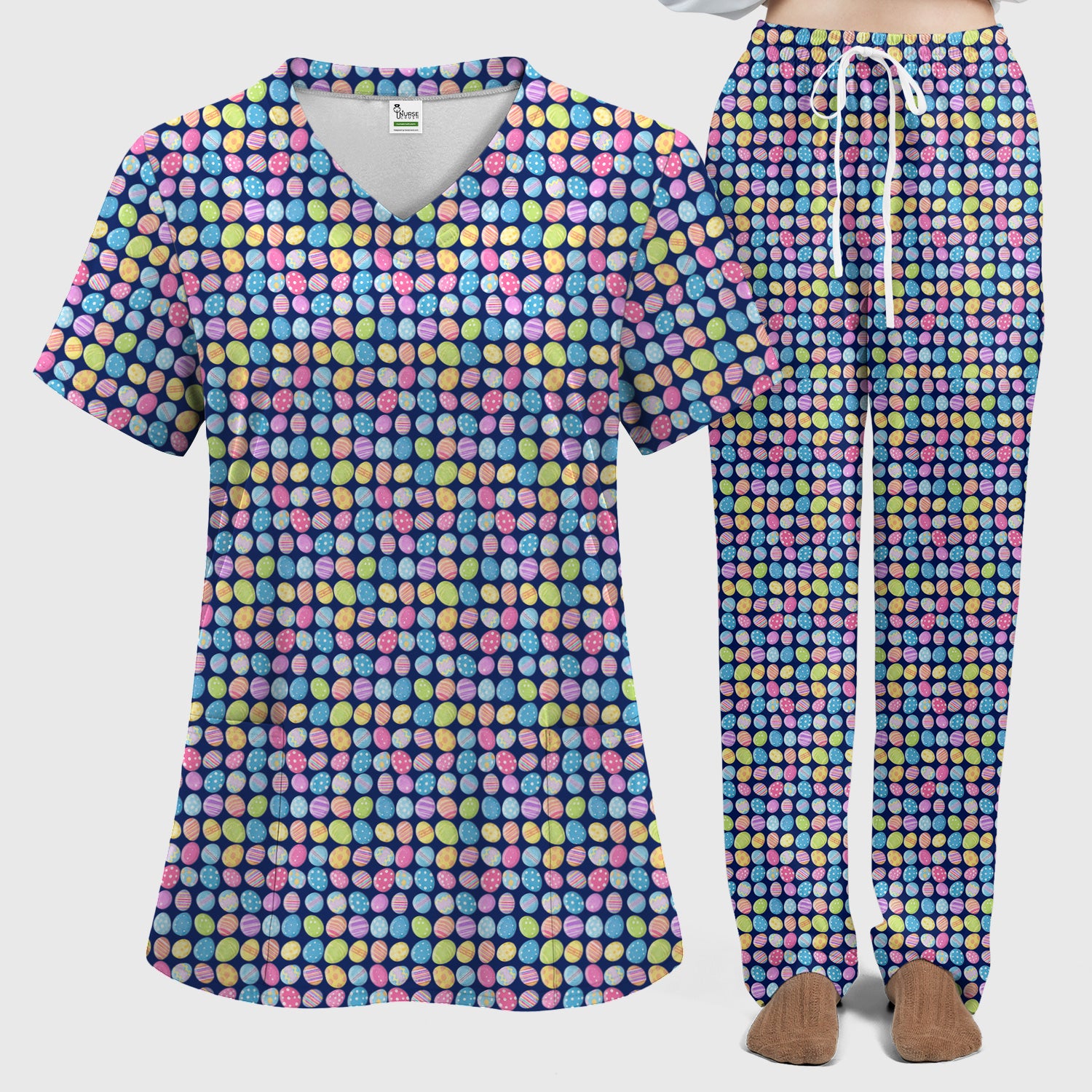 Colorful Easter Eggs Pattern Scrub Set, Scrub Pants and V Neck Top