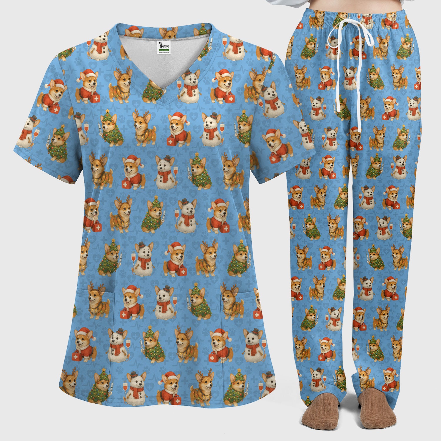 Corgi Christmas Scrubs Set - Adorable Festive Scrub Top & Pants - Fun Holiday Corgi Scrubs Perfect for Nurse Gift Season