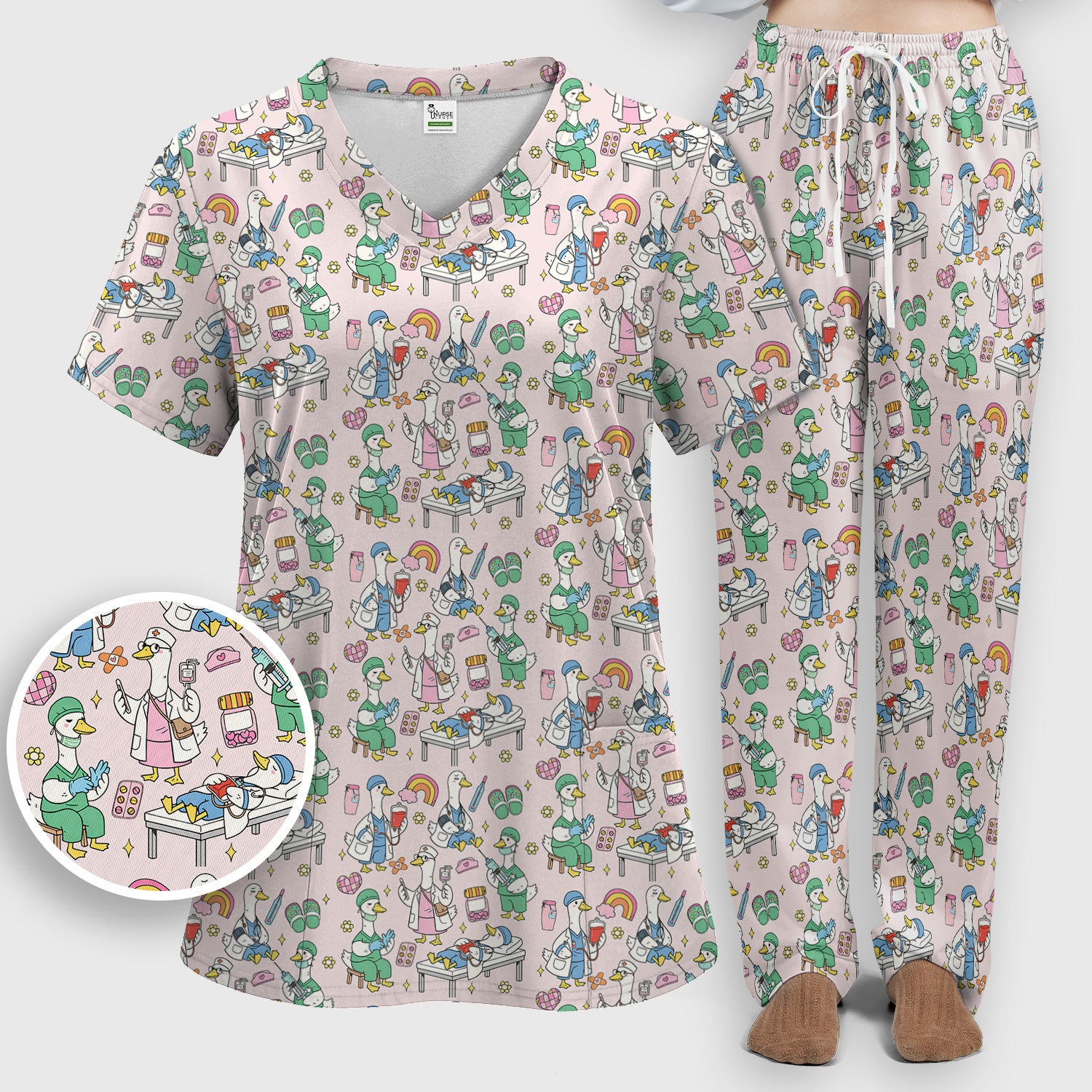Funny Nurse Duck Medical Doodle Pattern Scrub Set, Scrub Pants and V Neck Top