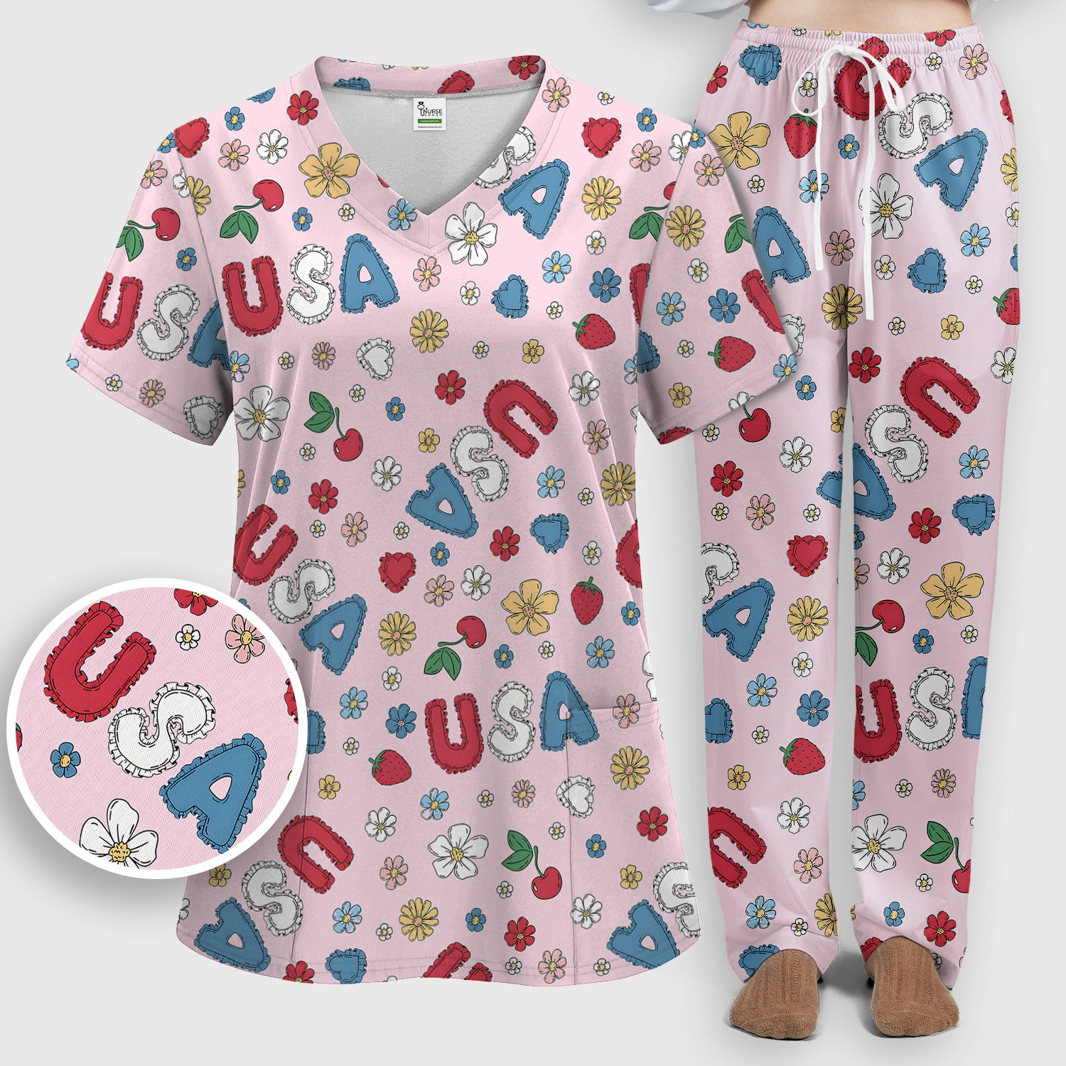 USA Cherry Strawberry Floral Patch Pattern Scrub Set, Scrub Pants and V Neck Top