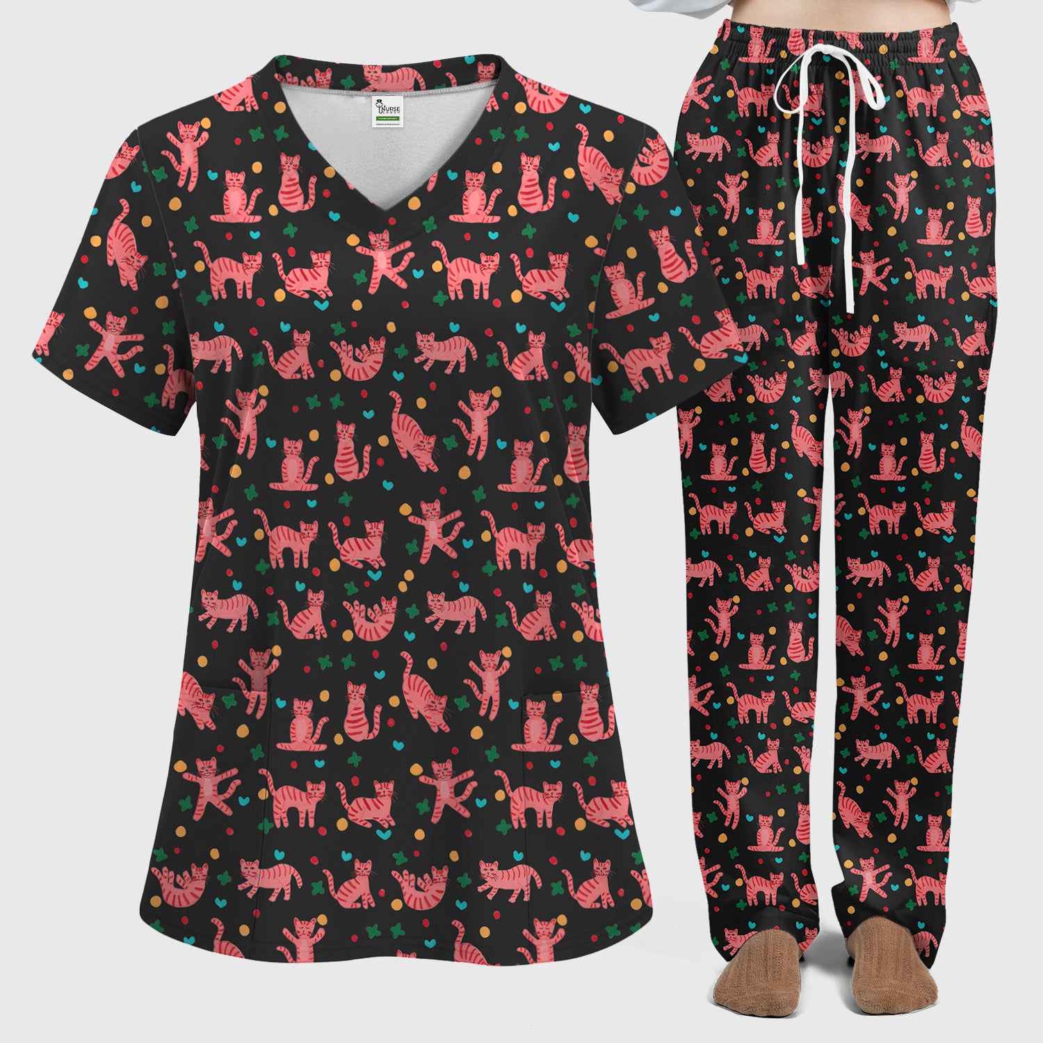 Cute Pink Cat Pattern Women's Scrub Sets, Scrub Pants and V Neck Top