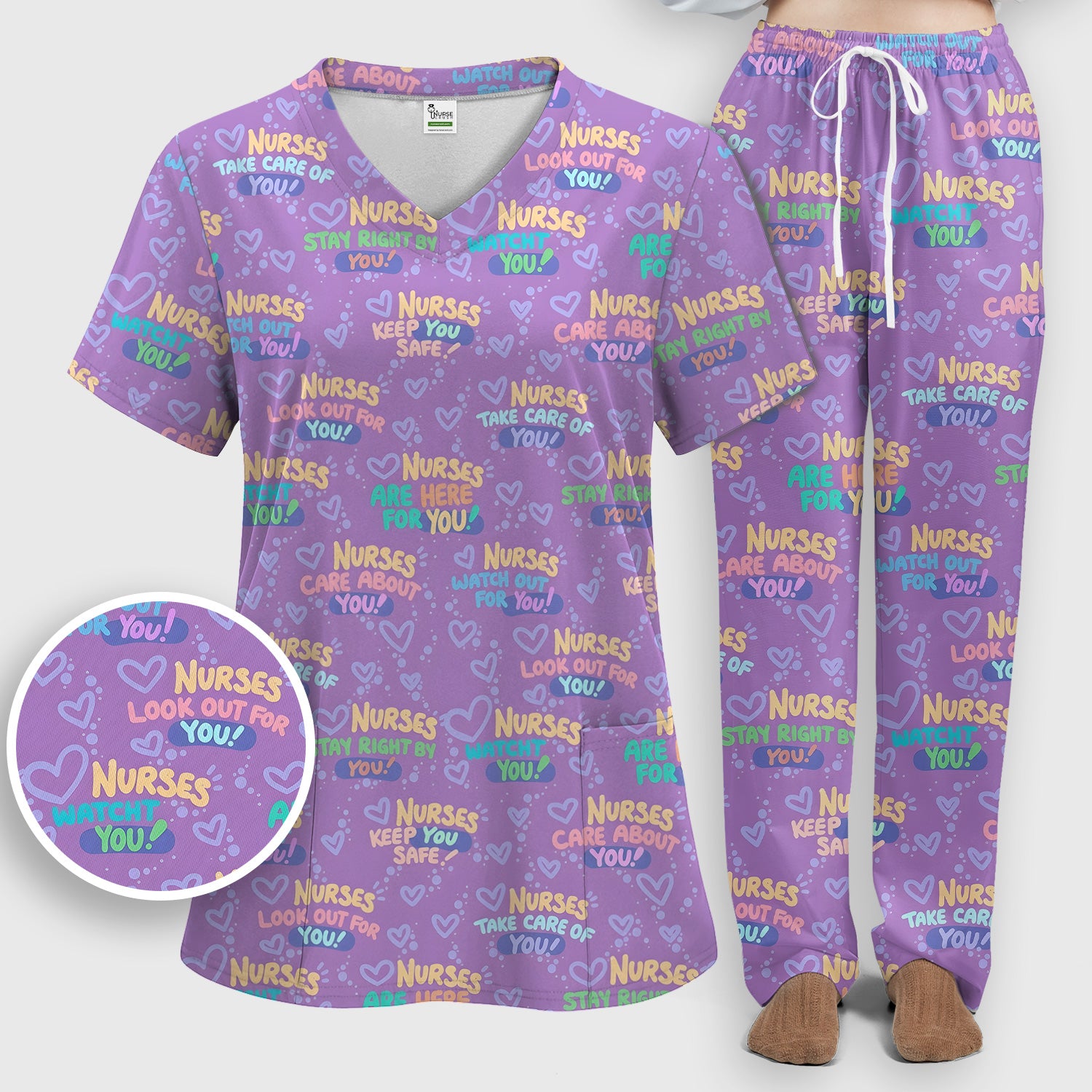 Inspirational Nurse Quote Care Message Pattern Scrub Set, Scrub Pants and V Neck Top