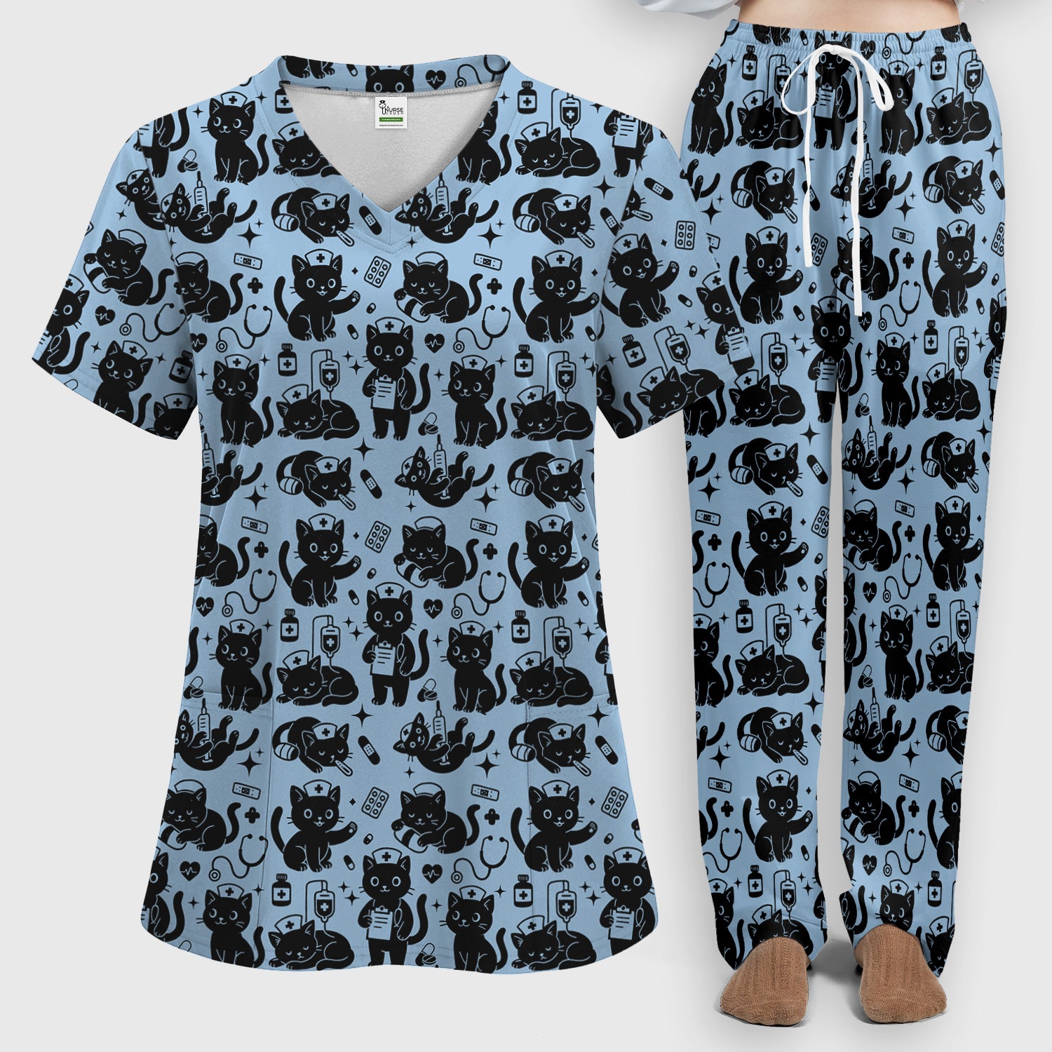 Cute Black Cat Nurse Pattern Scrub Set, Breathable Med Uniform