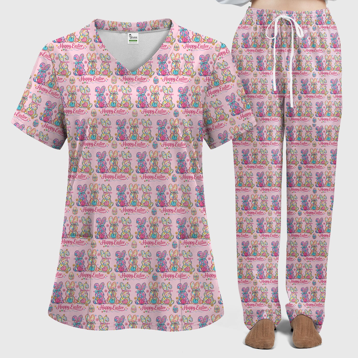 Pink Happy Easter Bunny Pattern Scrub Set, Scrub Pants and V Neck Top