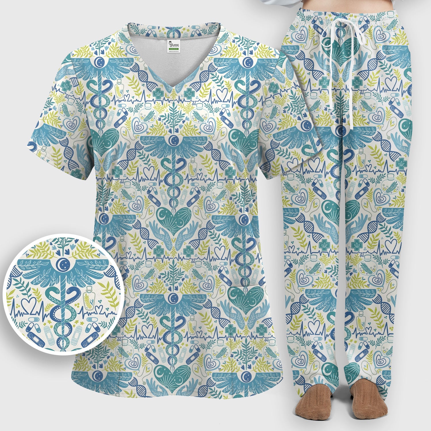 Inspirational Botanical Medical Caduceus Heart Nurse Pattern Scrub Set, Breathable Med Uniform