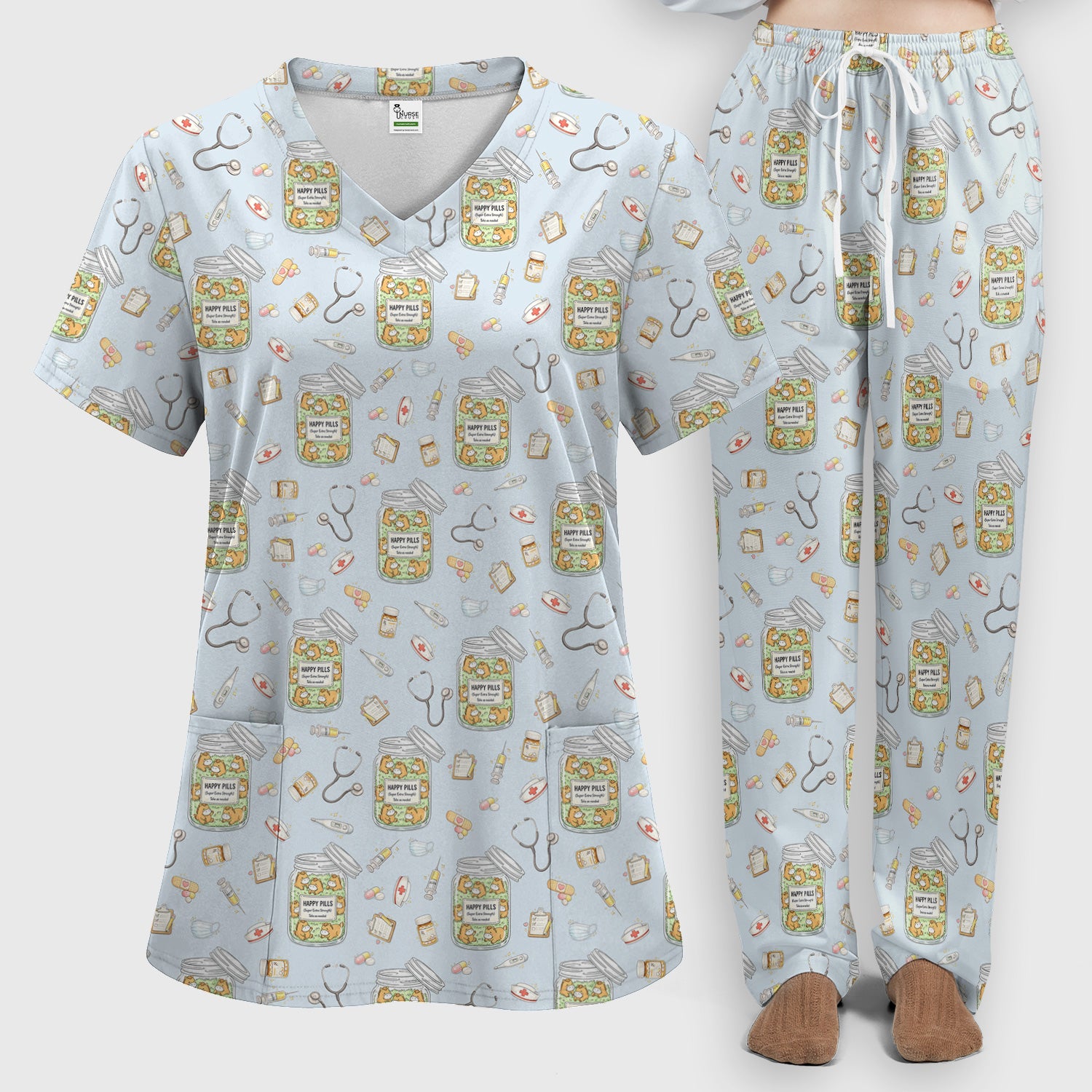Happy Pills Horse Medical Print Women's Scrub Set, Scrub Pants and V-Neck Top