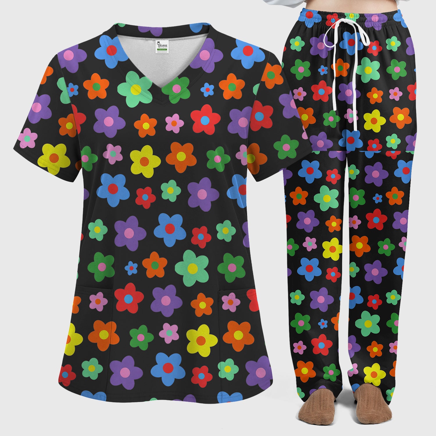 Colorful Retro Flower Pattern Print Scrub Set, Scrub Pants and V Neck Top
