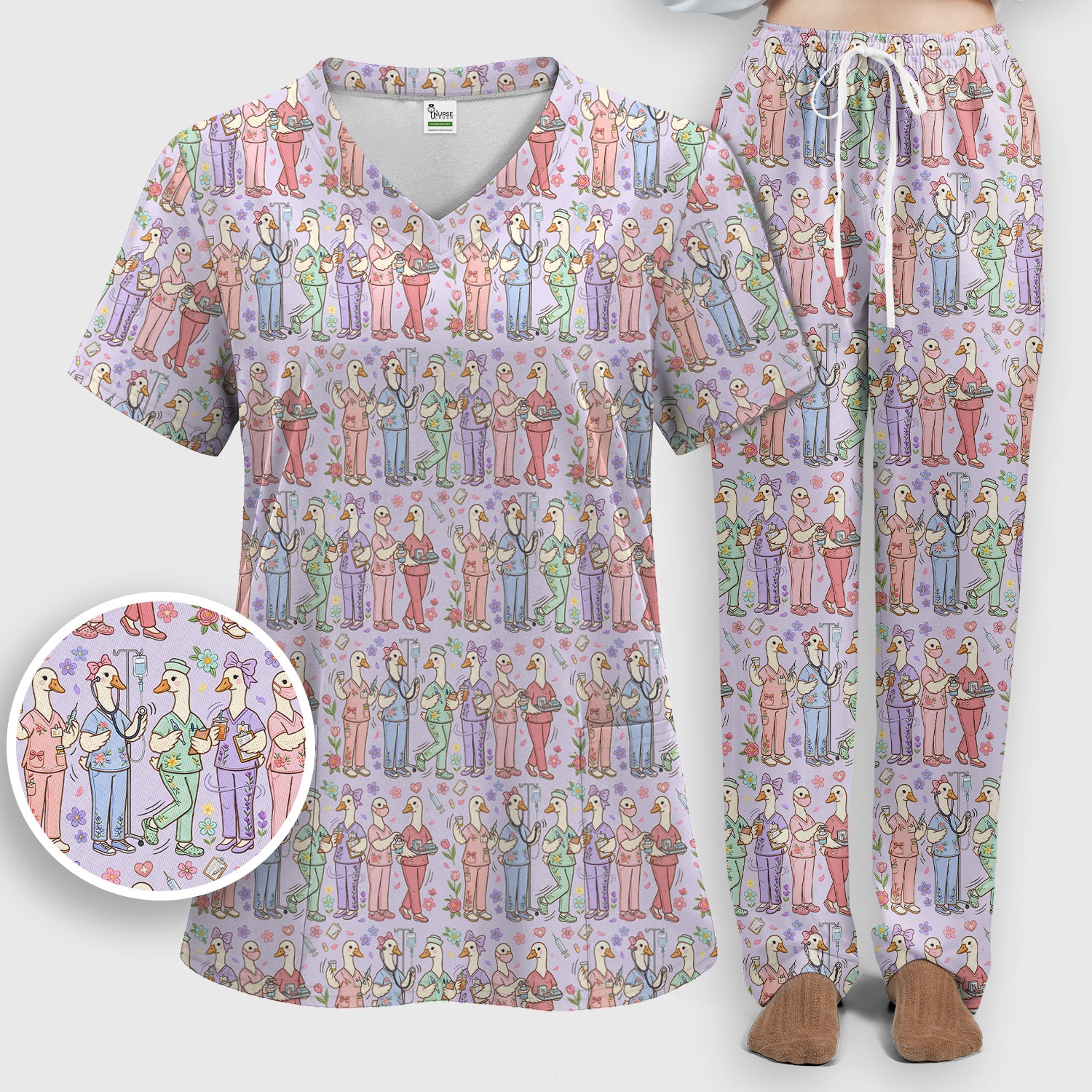 Goose Characters Floral Medical Team Uniform Pattern Scrub Set, Breathable Med Uniform