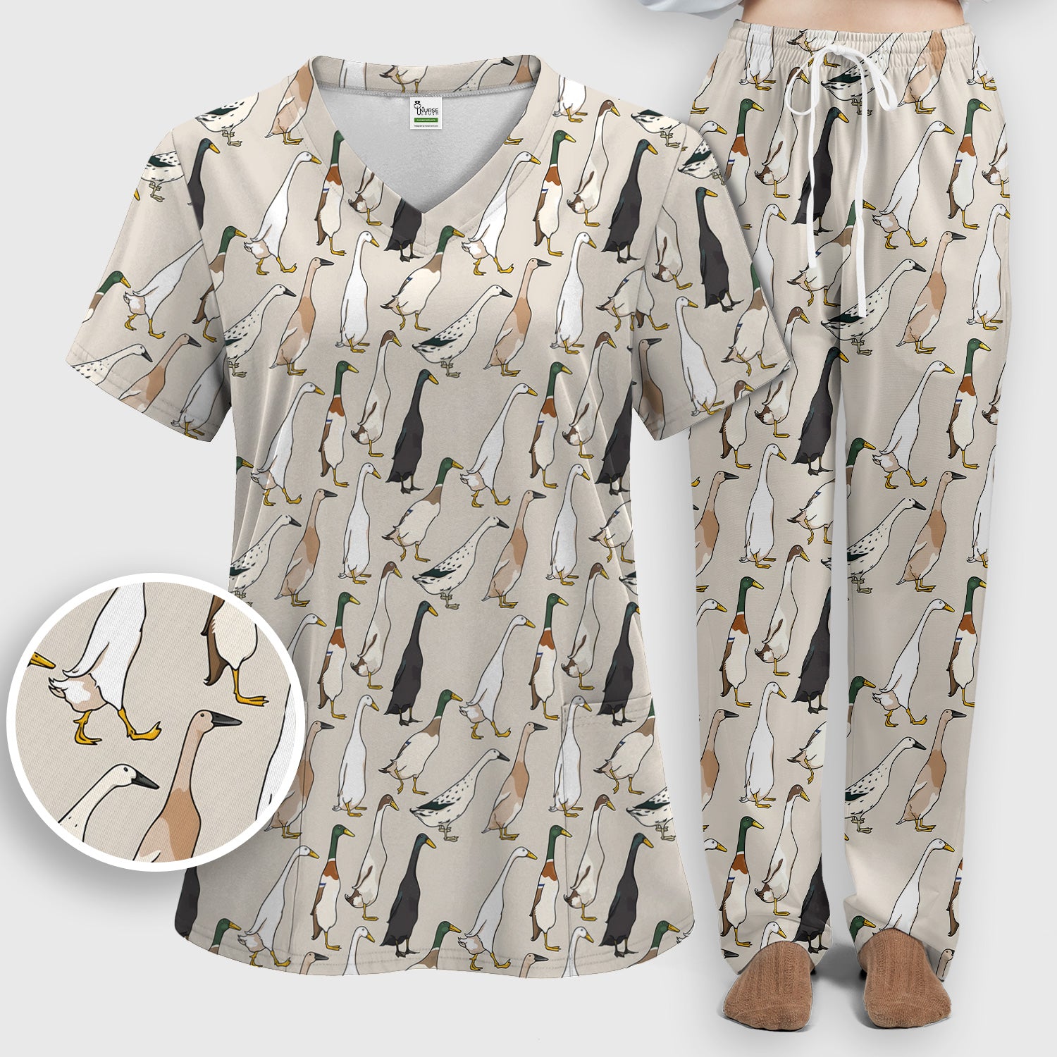Duck Farm Animal Pattern Scrub Set, Scrub Pants and V Neck Top